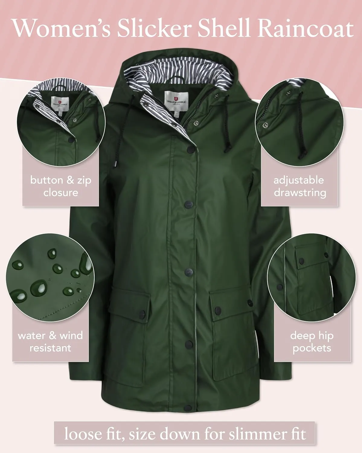 URBAN REPUBLIC Rain Jacket Women - Lightweight Waterproof Windbreaker for Women (S-3XL)