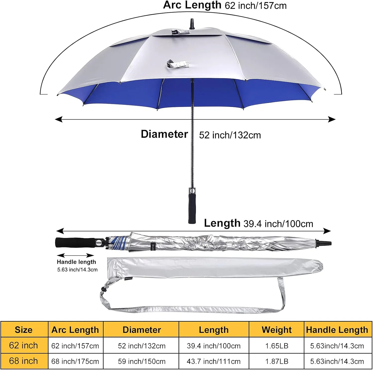 UV Protection UPF 50  Golf Umbrella 62/68 Inch Large Umbrella Automatic Open Sun Umbrella Windproof Vented And Sturdy Construction Shade For Rain And Blocking Sun