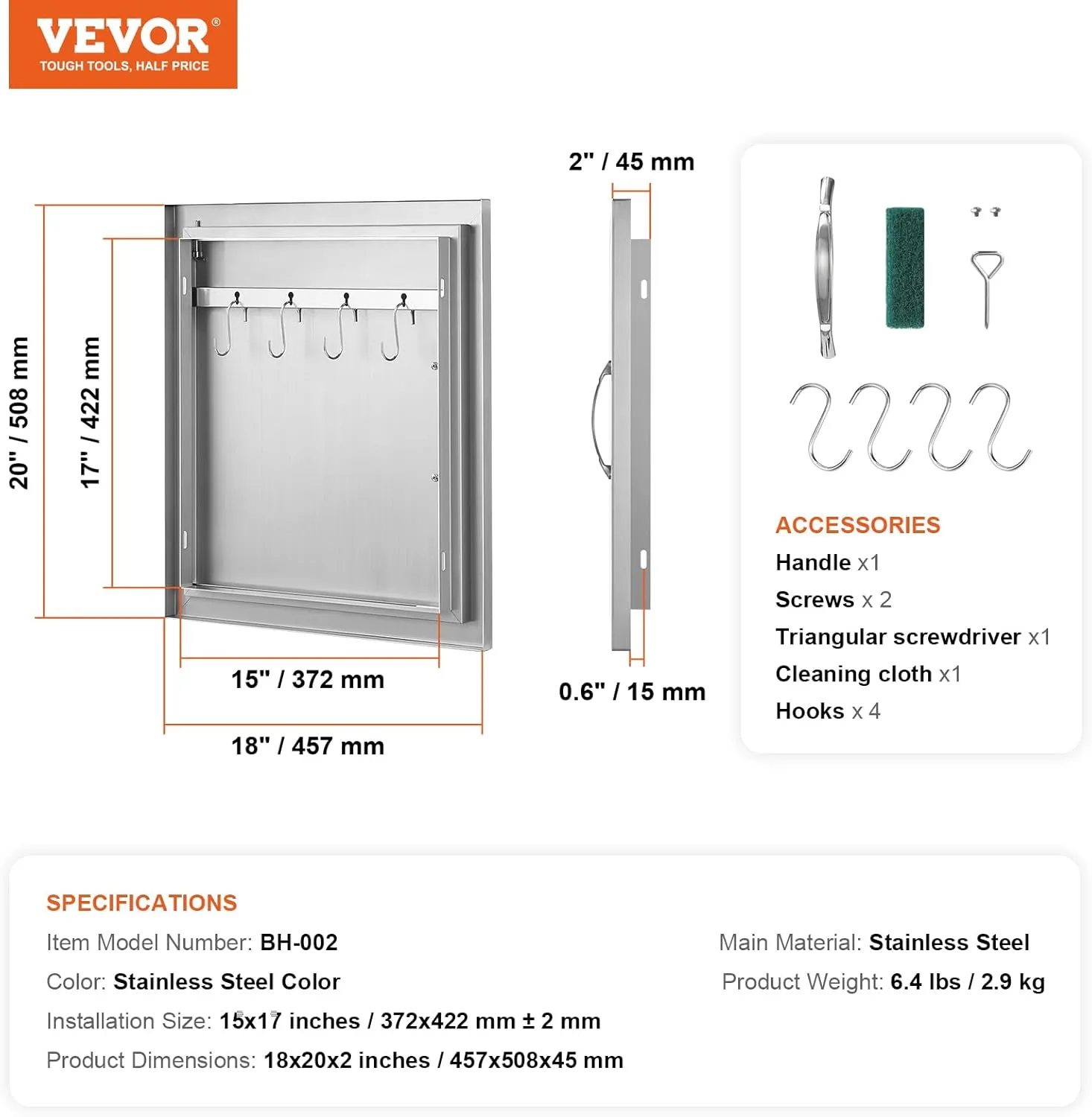 VEVOR BBQ Access Door 18W x 20H Inch, Vertical Single BBQ Door Stainless Steel, Outdoor Kitchen Doors for BBQ Island, Grill Station, Outside Cabinet