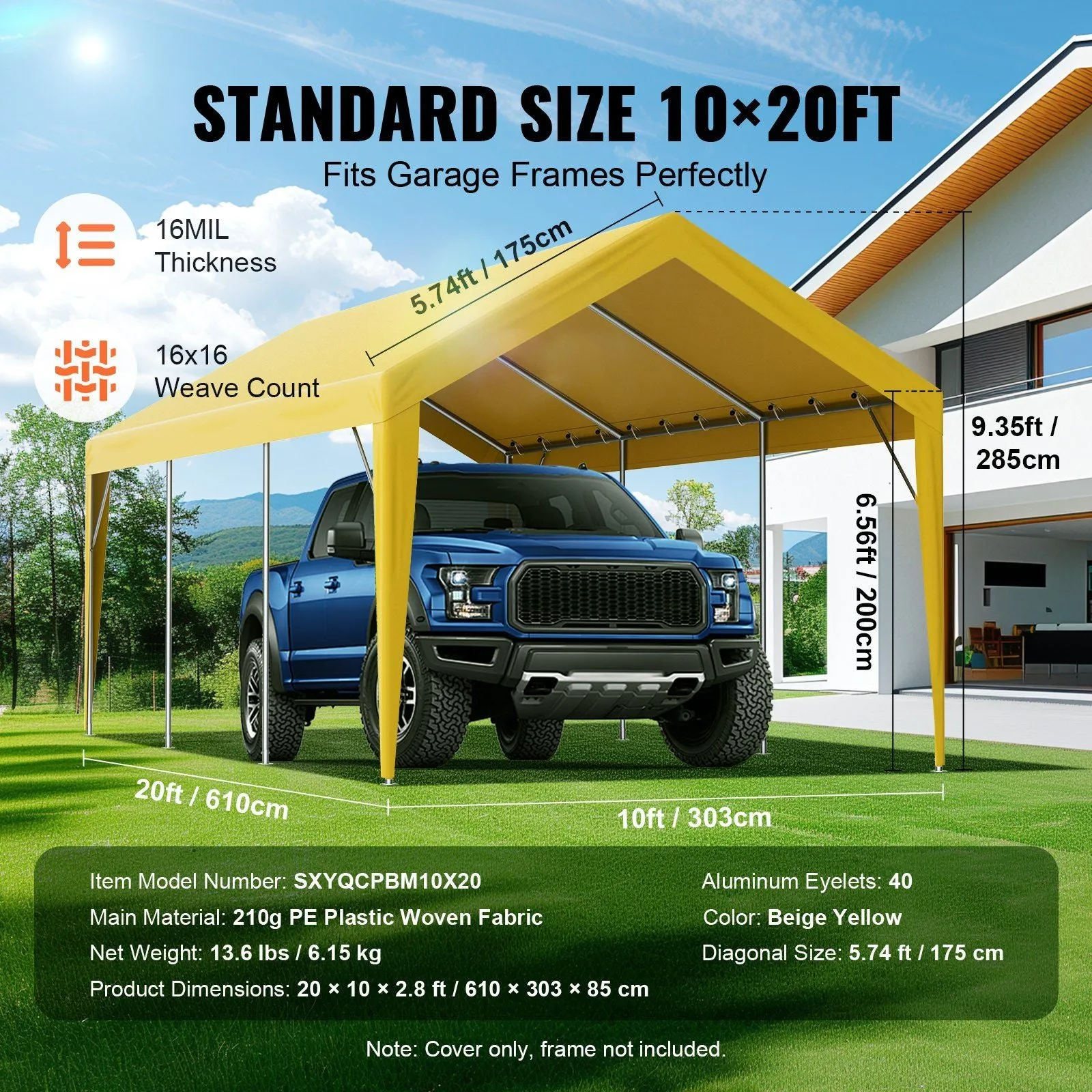 VEVOR Carport Replacement Canopy Cover 10 x 20 ft, Garage Top Tent Shelter Tarp Heavy-Duty Waterproof & UV Protected, Easy Installation with Ball Bungees,Beige (Only Top Cover, Frame Not Include)