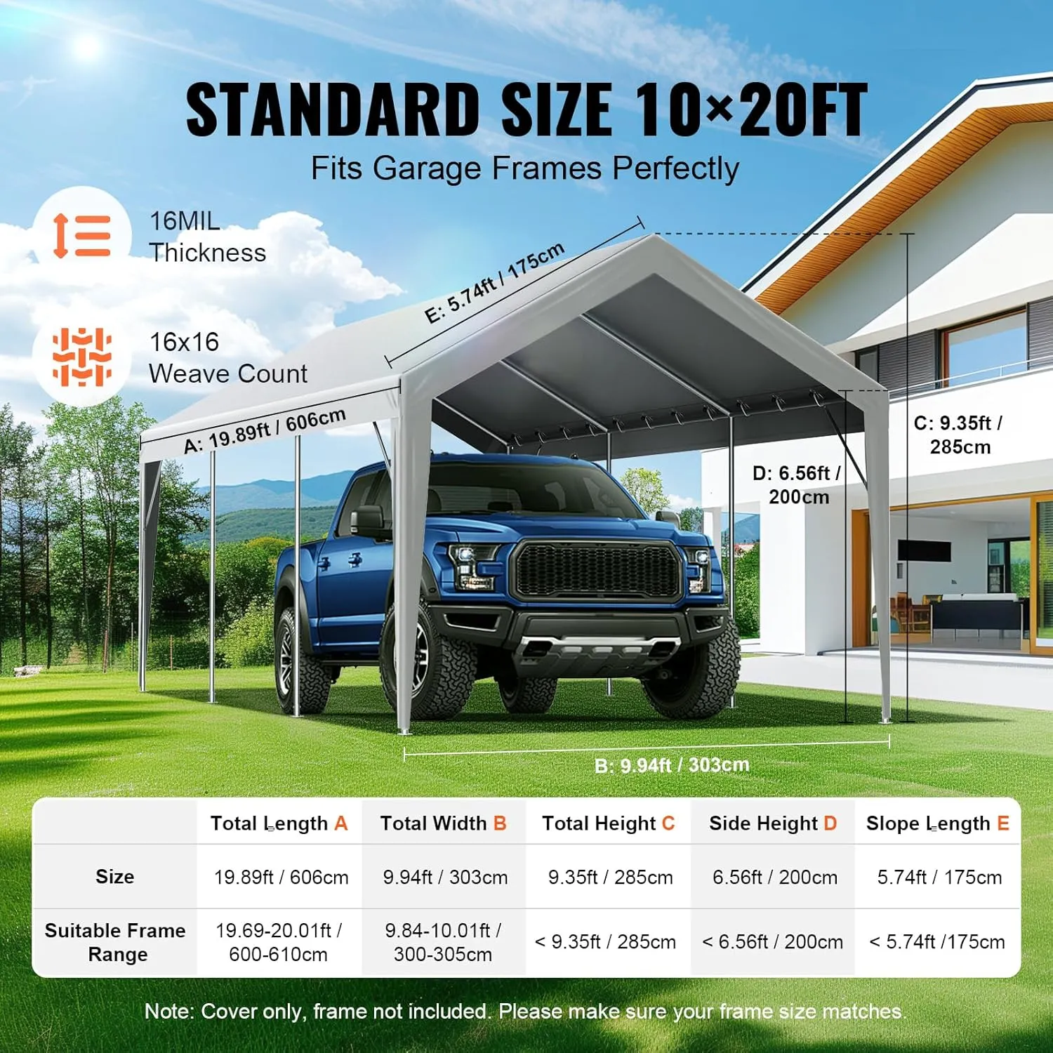 VEVOR Carport Replacement Canopy Cover 10 x 20 ft, Garage Top Tent Shelter Tarp Heavy-Duty Waterproof & UV Protected, Easy Installation with Ball Bungees,Grey (Only Top Cover, Frame Not Include)