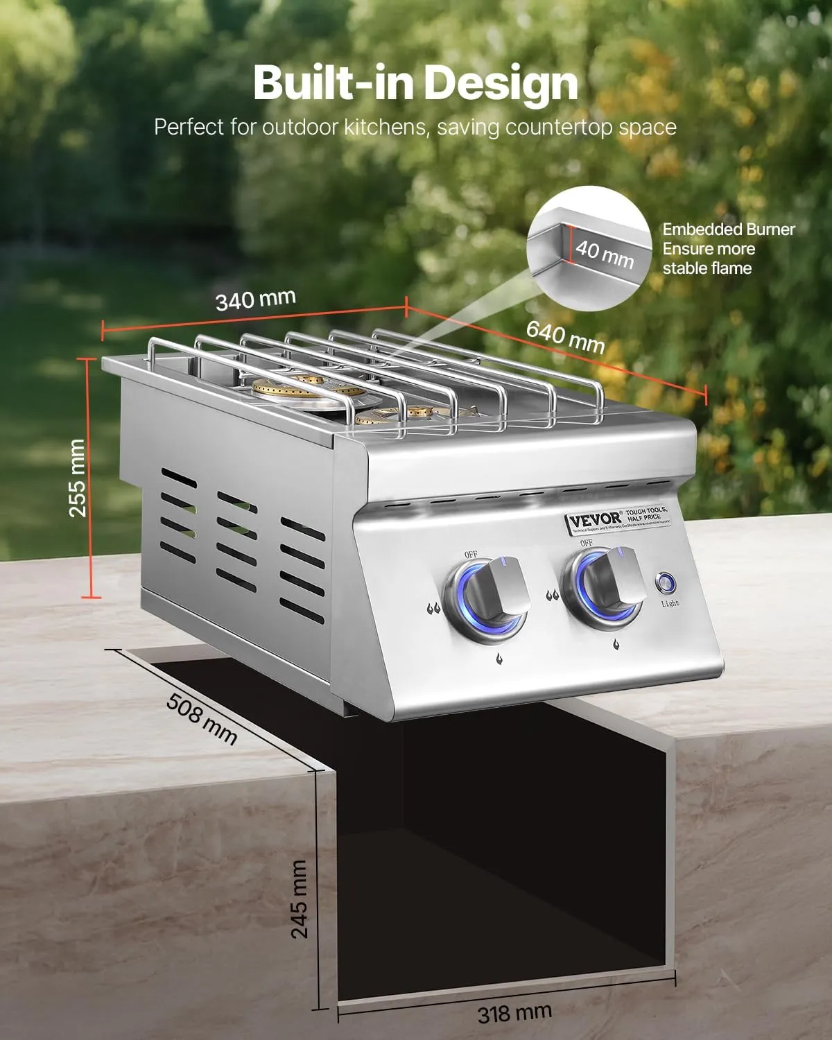 VEVOR Double Grilling Side Burners, 2 x 17,000BTU Liquid Propane Side Burner for Outdoor Kitchen, Convertible to Natural Gas, 304 Stainless Steel Built-in Double Burners with LED for BBQ Grill Island