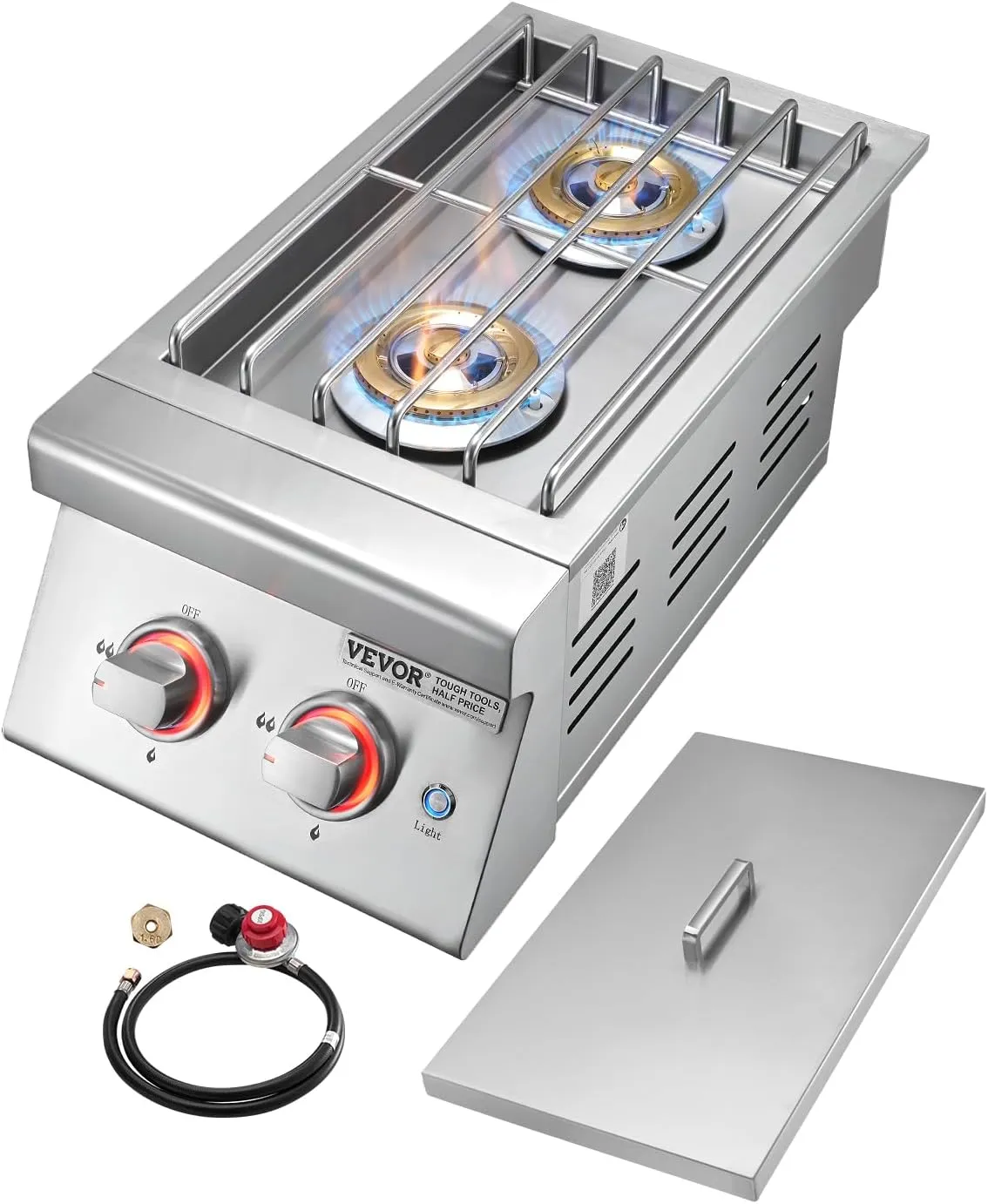 VEVOR Double Grilling Side Burners, 2 x 17,000BTU Liquid Propane Side Burner for Outdoor Kitchen, Convertible to Natural Gas, 304 Stainless Steel Built-in Double Burners with LED for BBQ Grill Island
