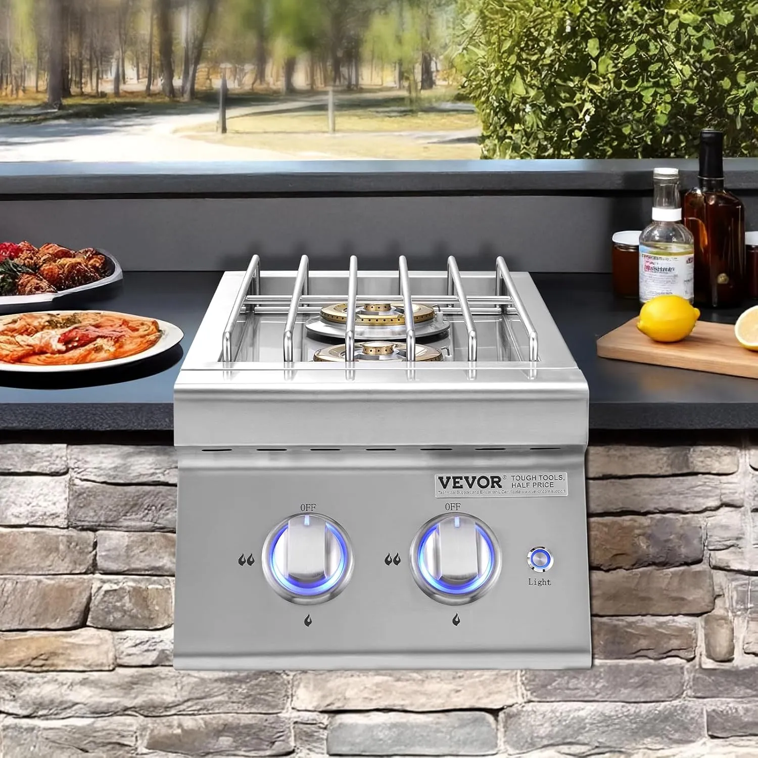 VEVOR Double Grilling Side Burners, 2 x 17,000BTU Liquid Propane Side Burner for Outdoor Kitchen, Convertible to Natural Gas, 304 Stainless Steel Built-in Double Burners with LED for BBQ Grill Island