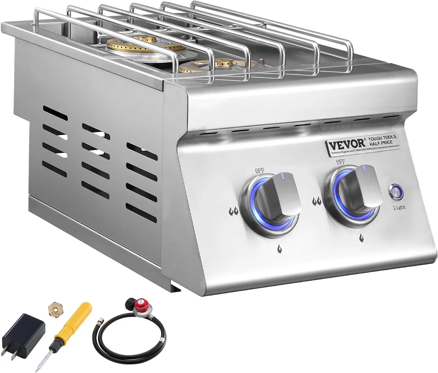 VEVOR Double Grilling Side Burners, 2 x 17,000BTU Liquid Propane Side Burner for Outdoor Kitchen, Convertible to Natural Gas, 304 Stainless Steel Built-in Double Burners with LED for BBQ Grill Island