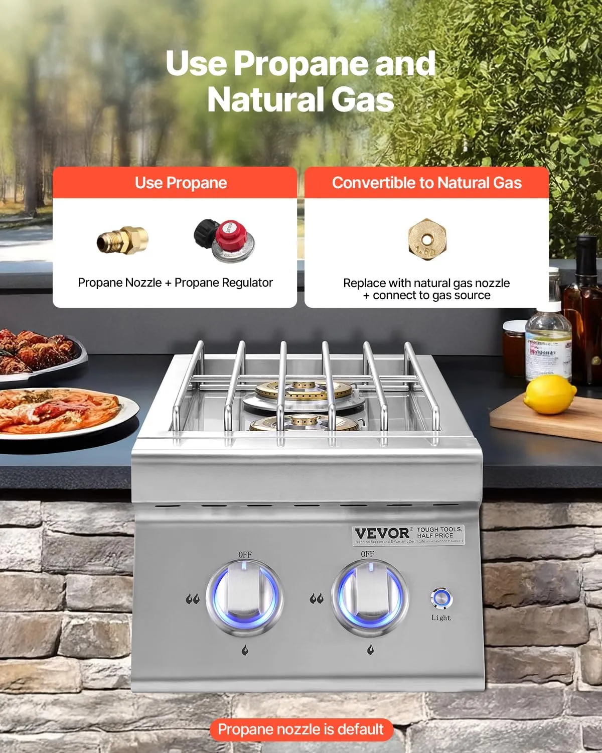 VEVOR Double Grilling Side Burners, 2 x 17,000BTU Liquid Propane Side Burner for Outdoor Kitchen, Convertible to Natural Gas, 304 Stainless Steel Built-in Double Burners with LED for BBQ Grill Island