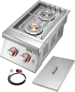 VEVOR Double Grilling Side Burners, 2 x 17,000BTU Liquid Propane Side Burner for Outdoor Kitchen, Convertible to Natural Gas, 304 Stainless Steel Built-in Double Burners with LED for BBQ Grill Island