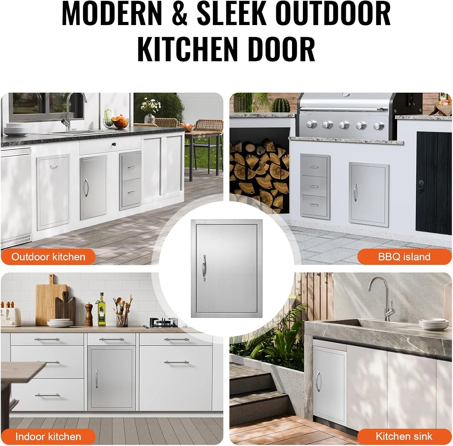 VEVOR Outdoor BBQ Access Door, 16W x 22H Inch, Stainless Steel Flush Mount, Vertical Door with Handle for Grilling Station