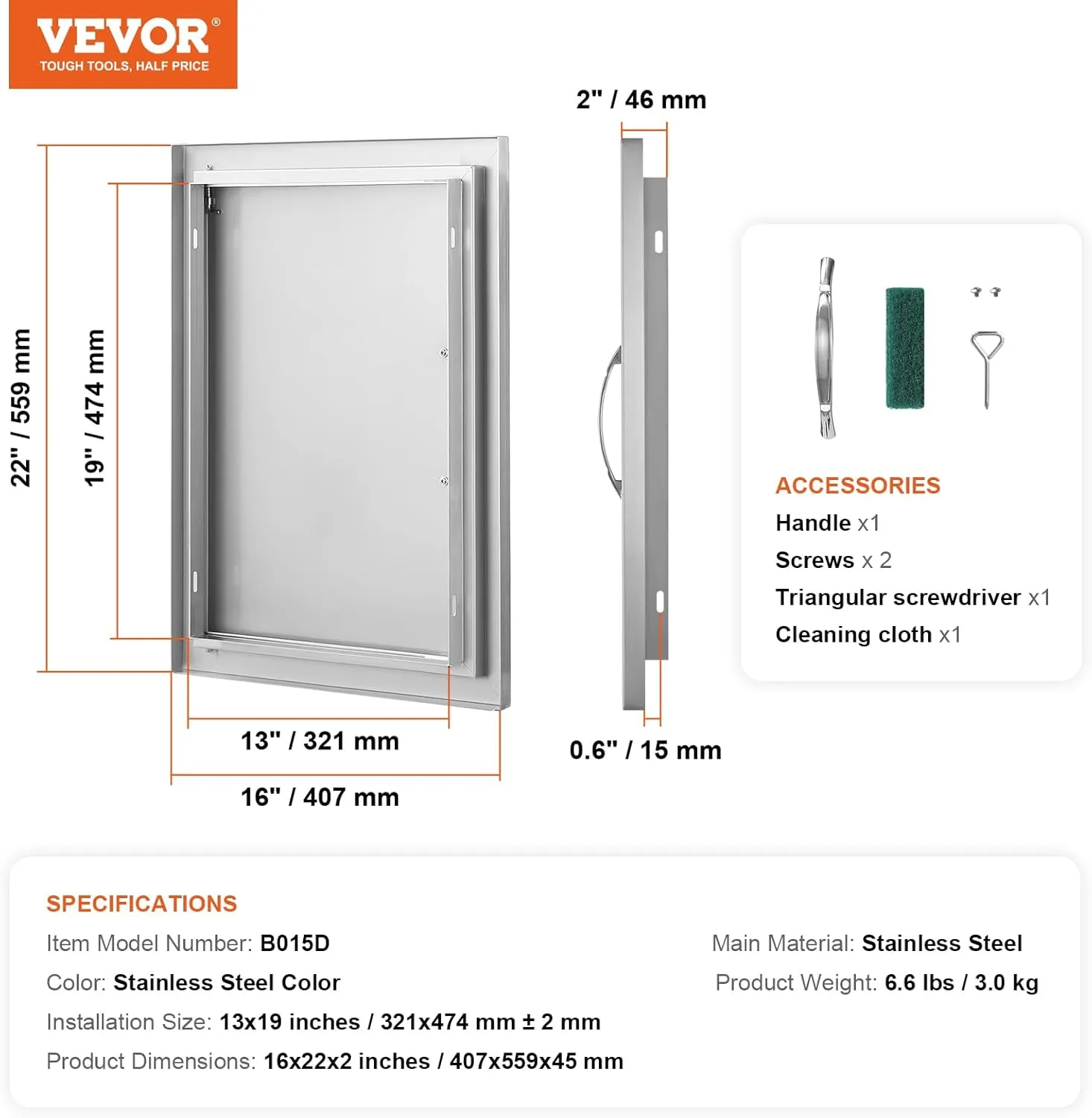 VEVOR Outdoor BBQ Access Door, 16W x 22H Inch, Stainless Steel Flush Mount, Vertical Door with Handle for Grilling Station