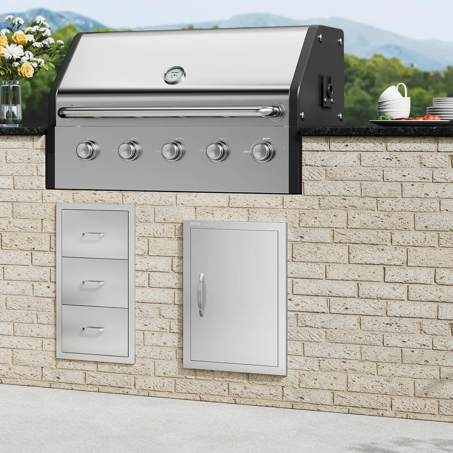 VEVOR Outdoor BBQ Access Door, 16W x 22H Inch, Stainless Steel Flush Mount, Vertical Door with Handle for Grilling Station