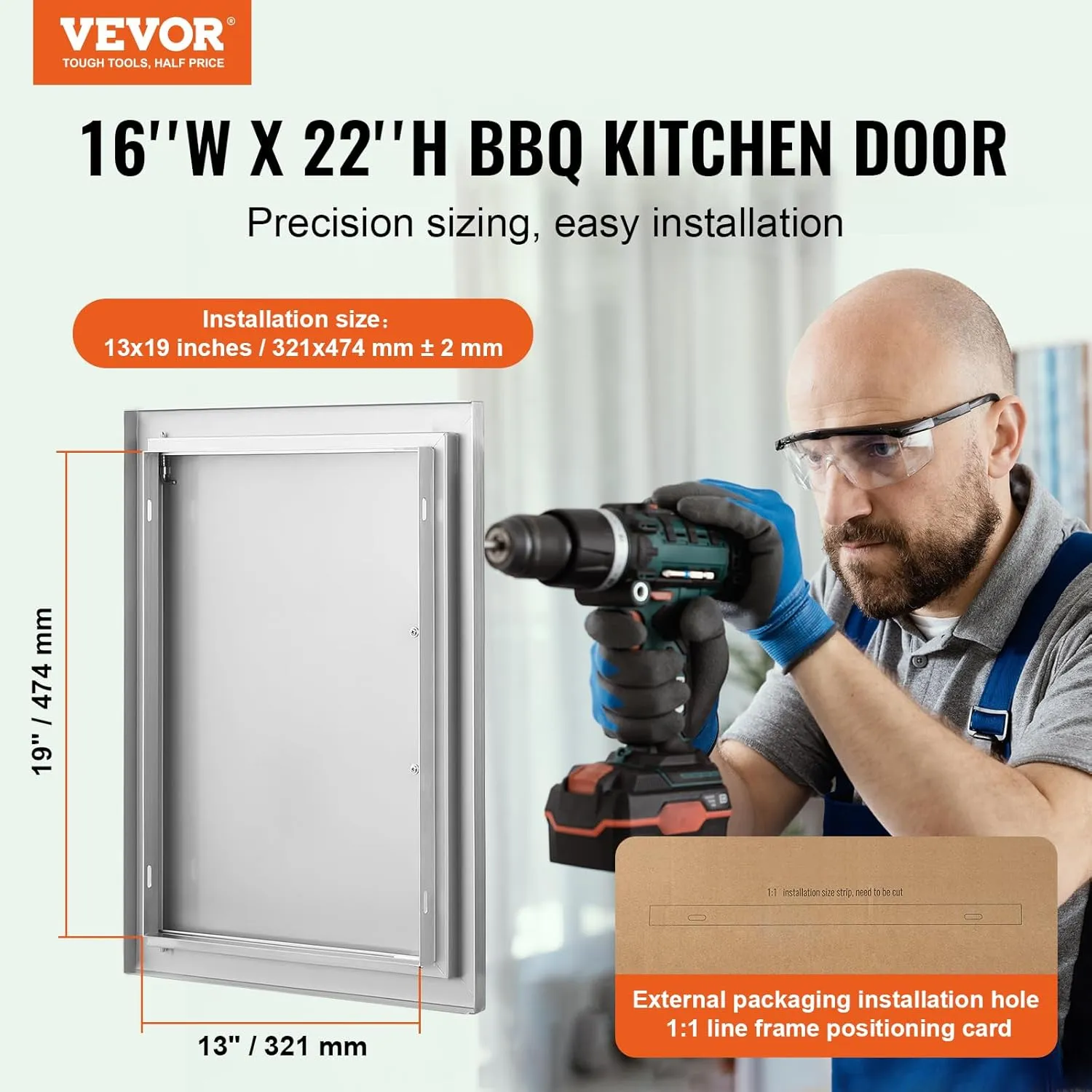 VEVOR Outdoor BBQ Access Door, 16W x 22H Inch, Stainless Steel Flush Mount, Vertical Door with Handle for Grilling Station