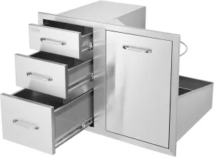 VEVOR Outdoor Kitchen Door Drawer Combo 29.5"W x 22.6"H x 21.7"D, Access Door/Triple Drawers with Propane Drawer and Adjustable Garbage Ring, Perfect for BBQ Island Patio Grill Station