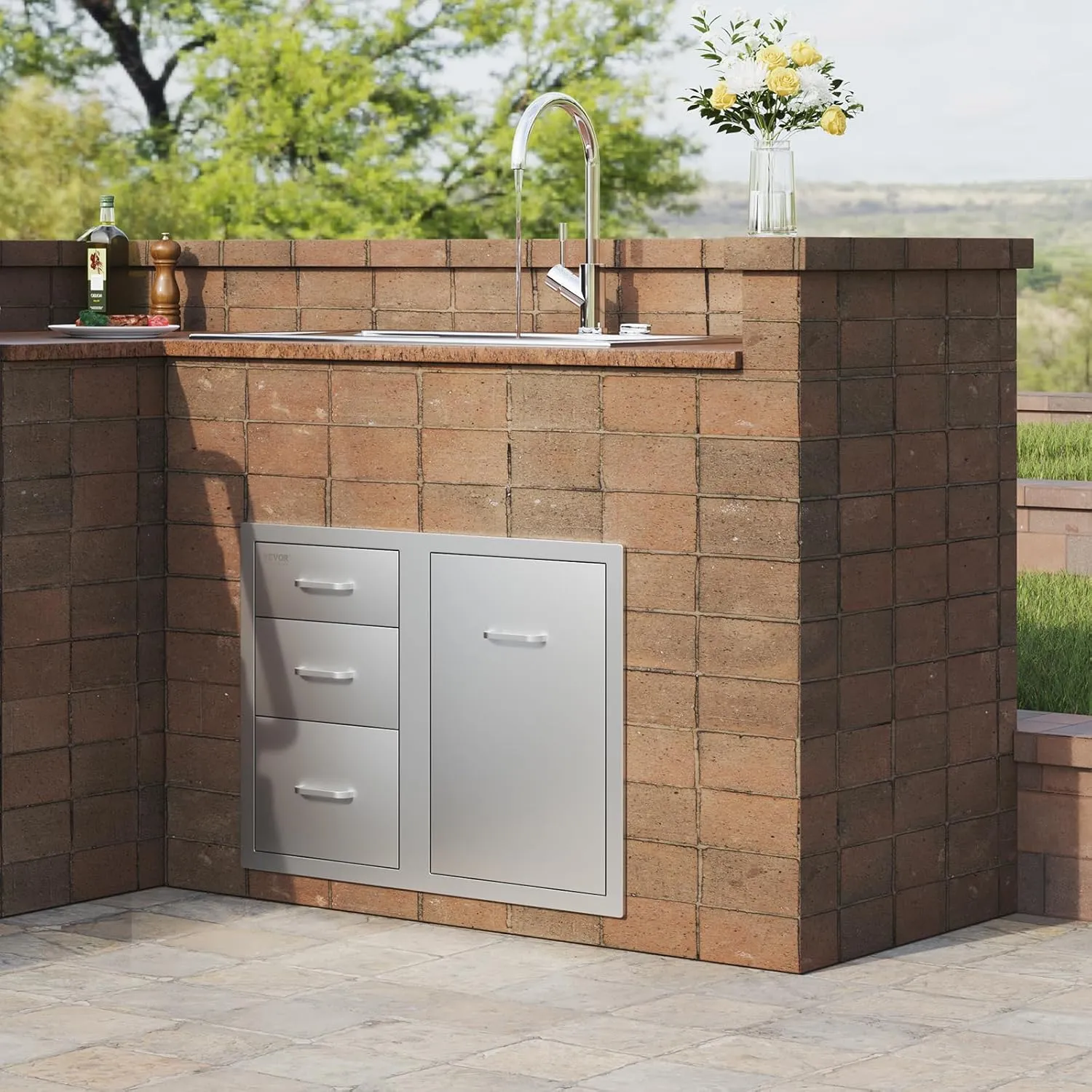 VEVOR Outdoor Kitchen Door Drawer Combo 29.5"W x 22.6"H x 21.7"D, Access Door/Triple Drawers with Propane Drawer and Adjustable Garbage Ring, Perfect for BBQ Island Patio Grill Station