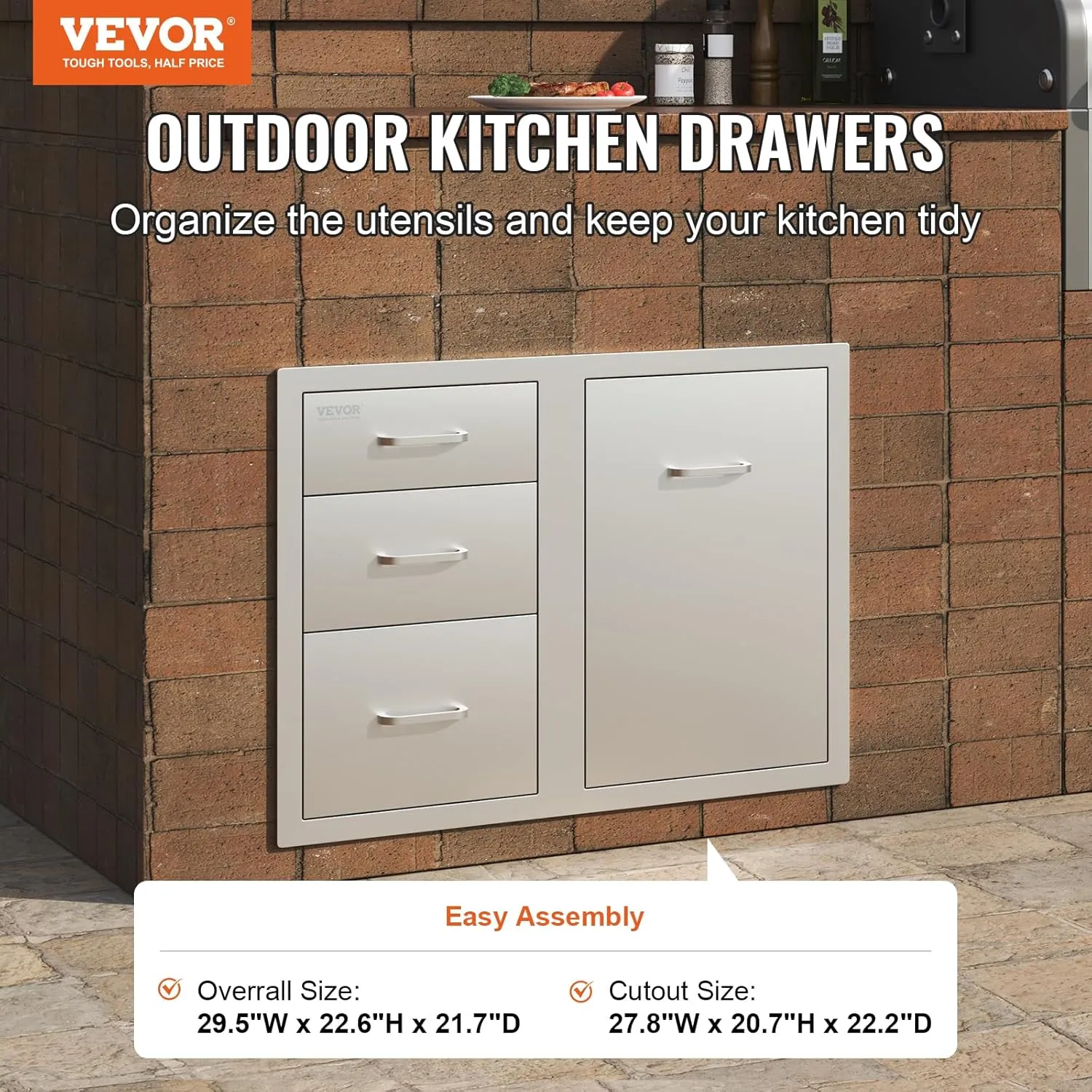 VEVOR Outdoor Kitchen Door Drawer Combo 29.5"W x 22.6"H x 21.7"D, Access Door/Triple Drawers with Propane Drawer and Adjustable Garbage Ring, Perfect for BBQ Island Patio Grill Station
