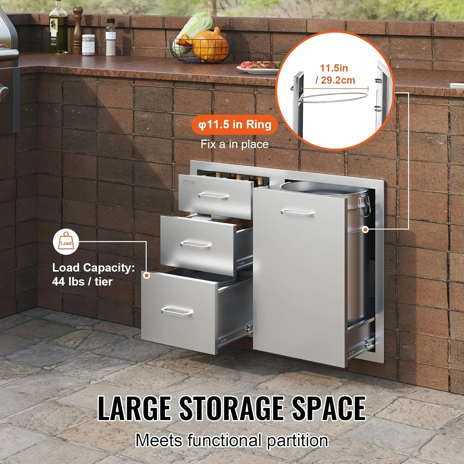 VEVOR Outdoor Kitchen Door Drawer Combo 29.5"W x 22.6"H x 21.7"D, Access Door/Triple Drawers with Propane Drawer and Adjustable Garbage Ring, Perfect for BBQ Island Patio Grill Station