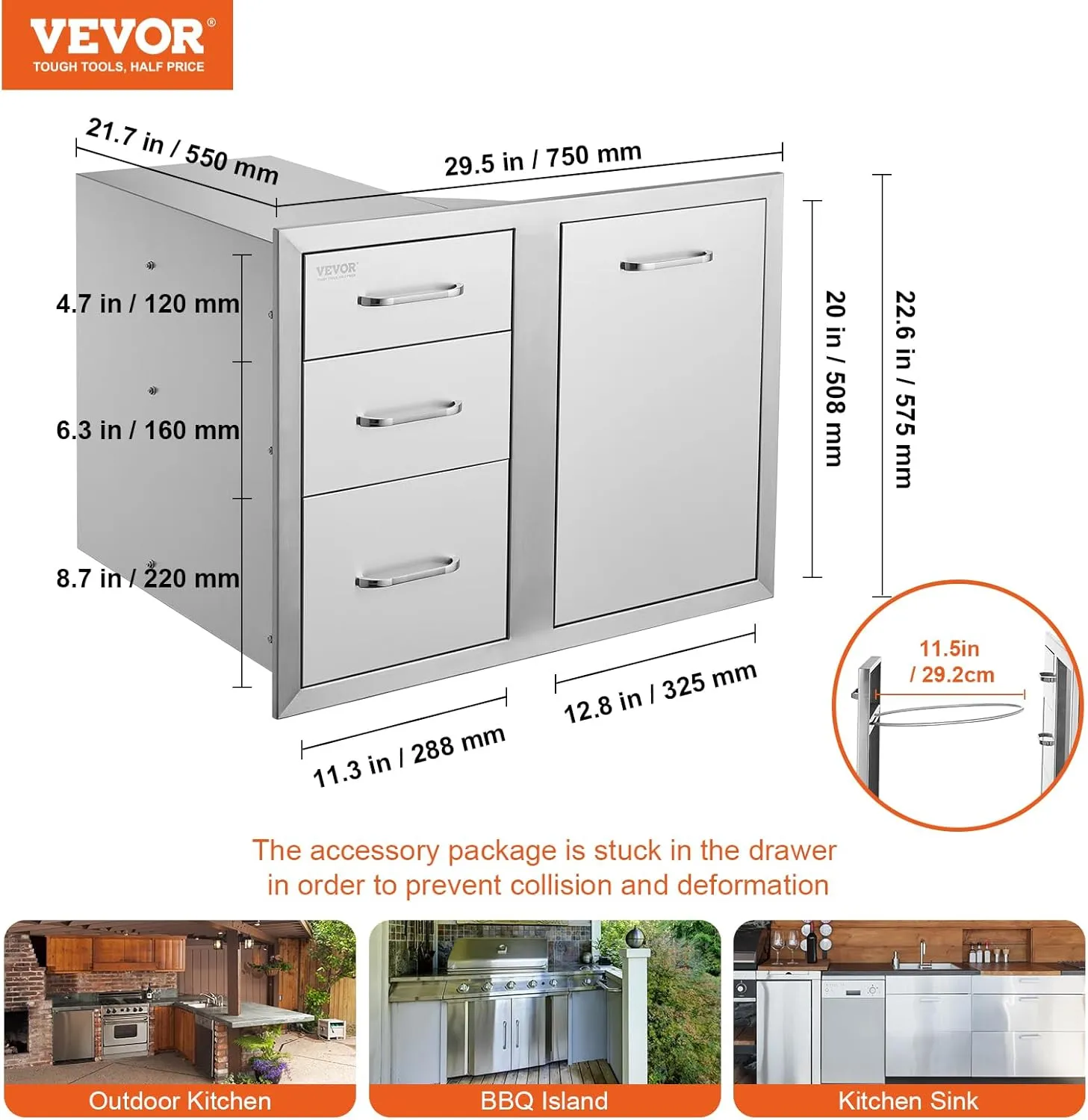 VEVOR Outdoor Kitchen Door Drawer Combo 29.5"W x 22.6"H x 21.7"D, Access Door/Triple Drawers with Propane Drawer and Adjustable Garbage Ring, Perfect for BBQ Island Patio Grill Station