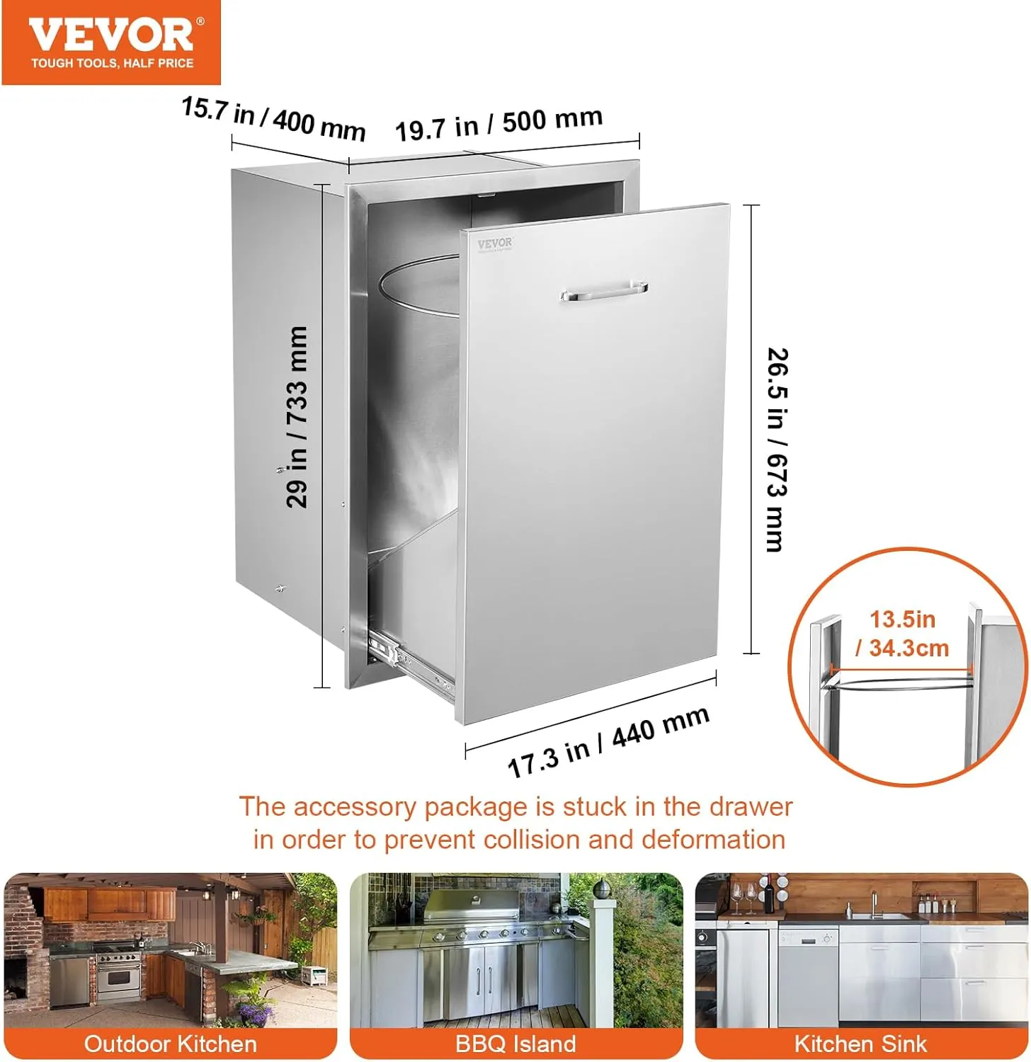 VEVOR Outdoor Kitchen Trash Drawer 19.7"W x 29"H x 15.7"D Inch Outdoor Kitchen Drawers Stainless Steel for Outdoor BBQ Island Kitchen
