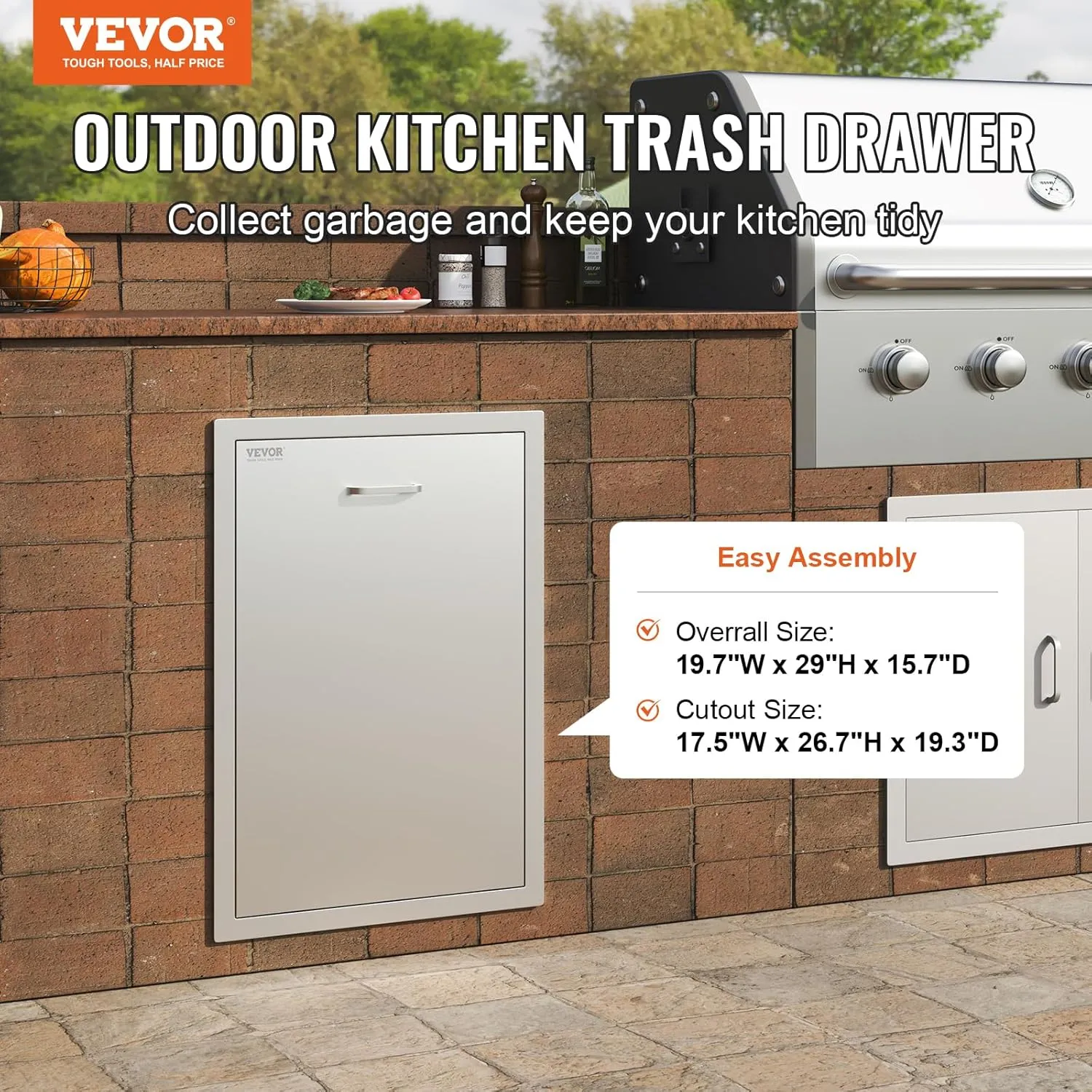 VEVOR Outdoor Kitchen Trash Drawer 19.7"W x 29"H x 15.7"D Inch Outdoor Kitchen Drawers Stainless Steel for Outdoor BBQ Island Kitchen
