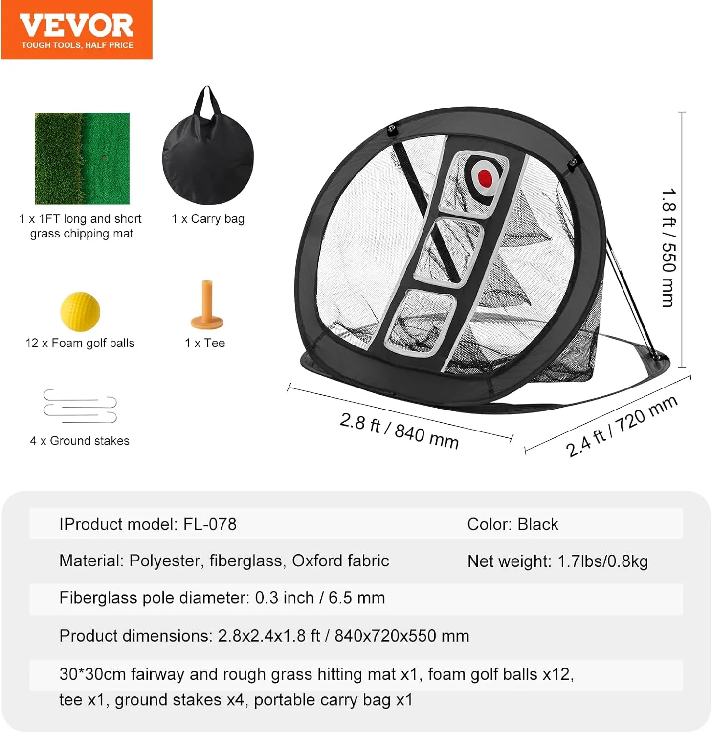 VEVOR Pop Up Golf Practice Net, Portable Indoor Outdoor Home Golf Hitting Aid Net with Target and Carry Bag, for Backyard Driving Training Swing, Gift for Men