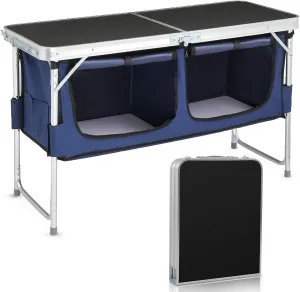 VINGLI 4 Ft Folding Camping Table with Storage, Aluminum Picnic Table, Adjustable Height for Outdoor Beach BBQ Backyards Travel Party Black