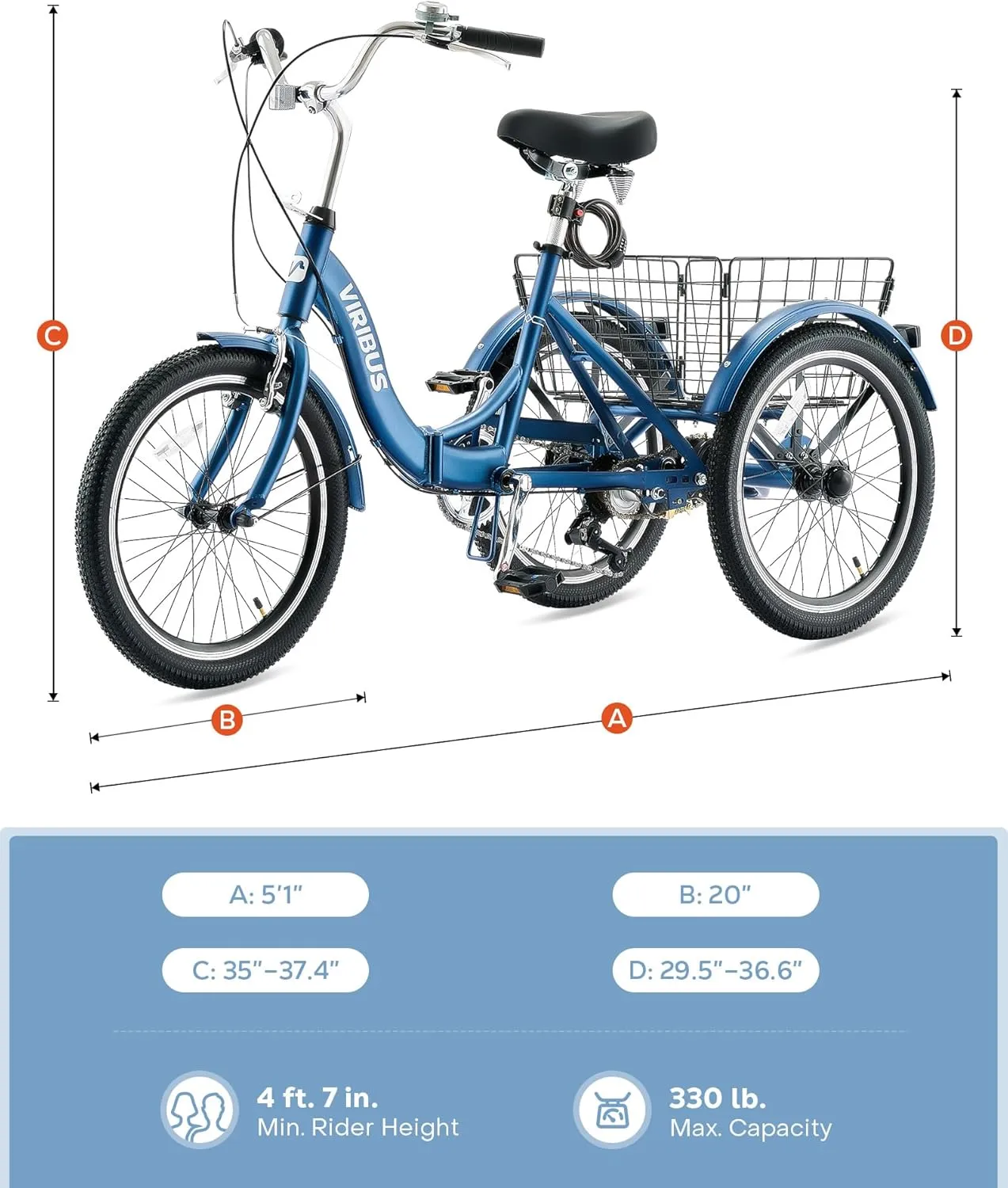 Viribus Folding Adult Tricycle, 20 inch Folding Tricycle for Adults with Lock, 1 or 7 Speed 3 Wheel Bike, Foldable Trike Collapsible Three Wheel Bike for Men Women Senior, 330lb.