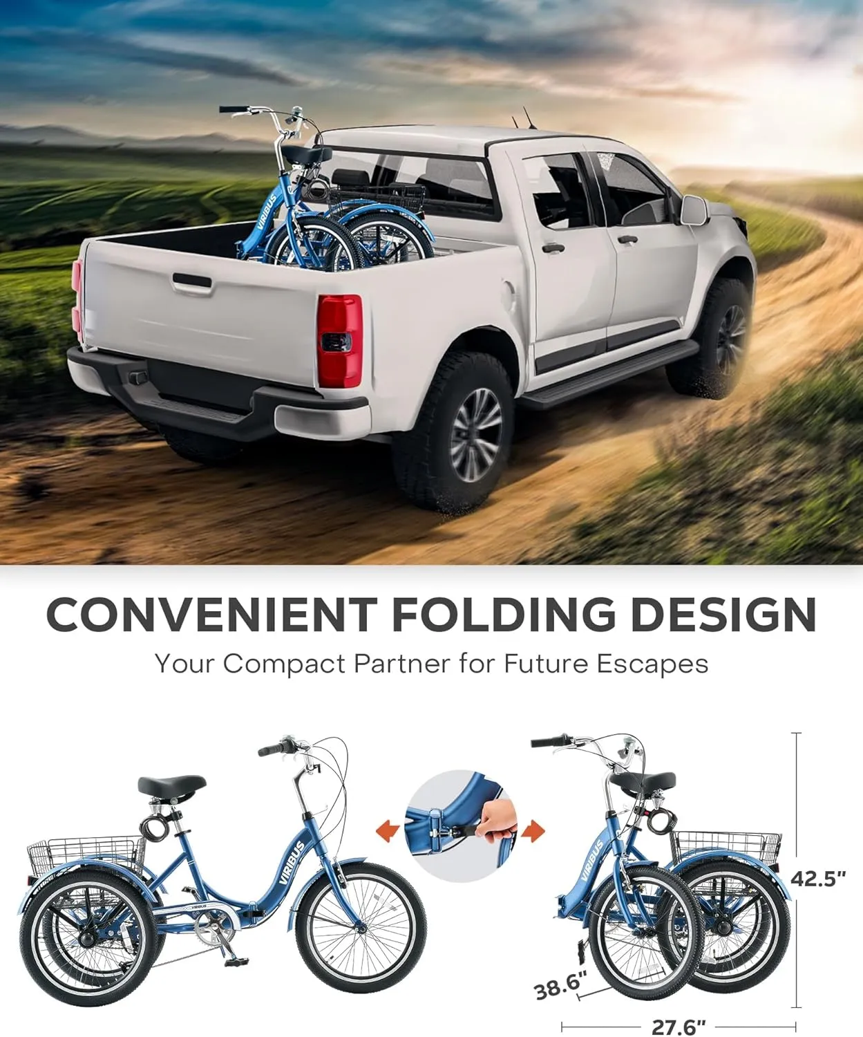 Viribus Folding Adult Tricycle, 20 inch Folding Tricycle for Adults with Lock, 1 or 7 Speed 3 Wheel Bike, Foldable Trike Collapsible Three Wheel Bike for Men Women Senior, 330lb.