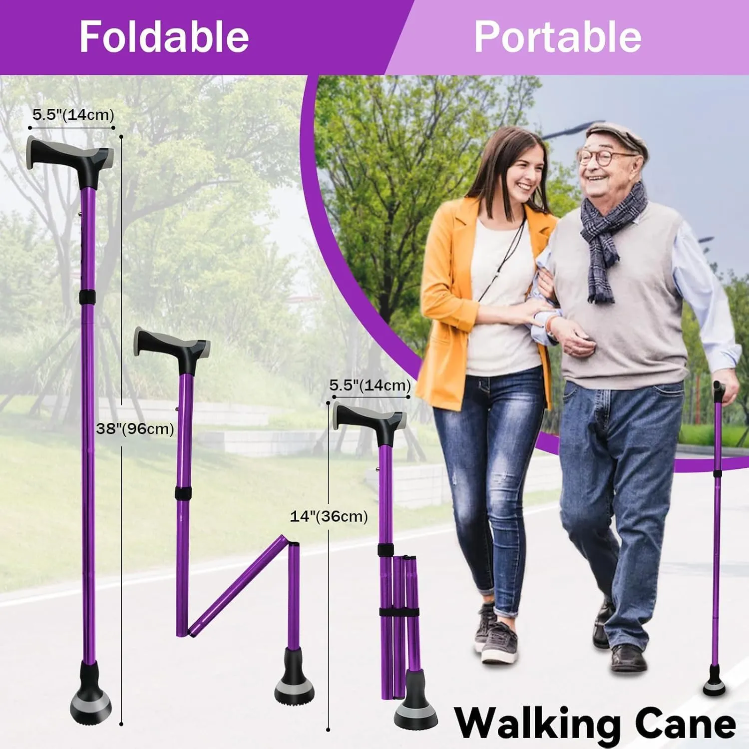 Walking Cane for Seniors Adults,Adjustable Foldable All-Terrain Walking Stick with Storage Bag,Trekking Pole for Outdoor Hiking,Climbing,Lightweight Support for Women Men