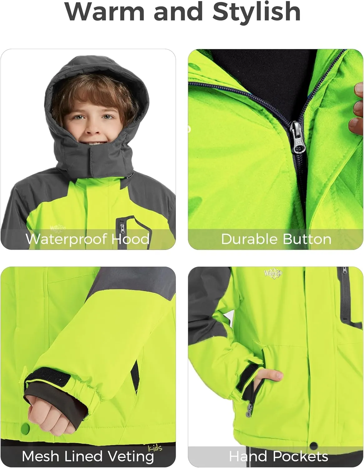Wantdo Boy's Waterproof Ski Jacket Fleece Snowboarding Jackets Warm Thick Winter Coat Hooded Raincoats