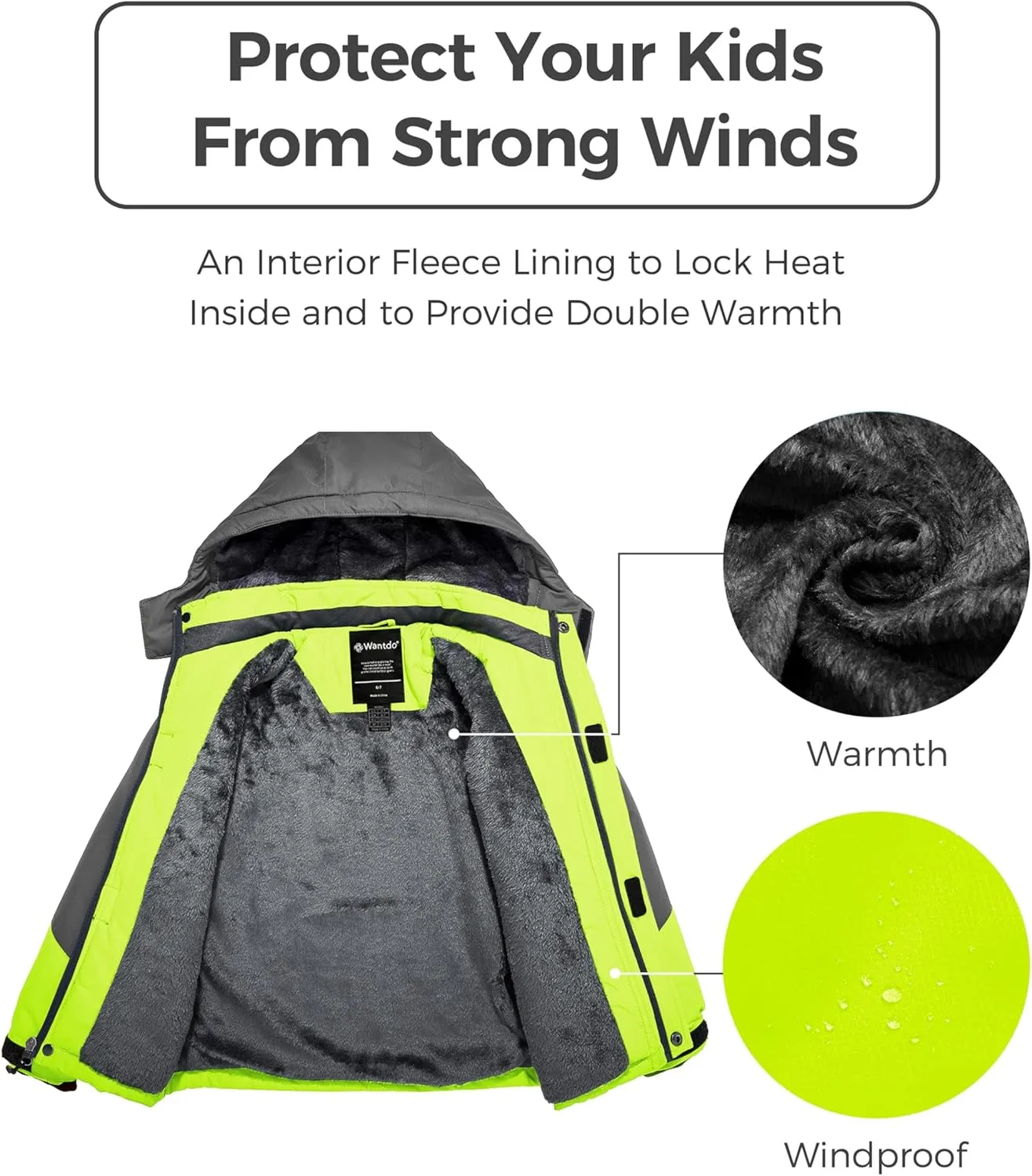 Wantdo Boy's Waterproof Ski Jacket Fleece Snowboarding Jackets Warm Thick Winter Coat Hooded Raincoats