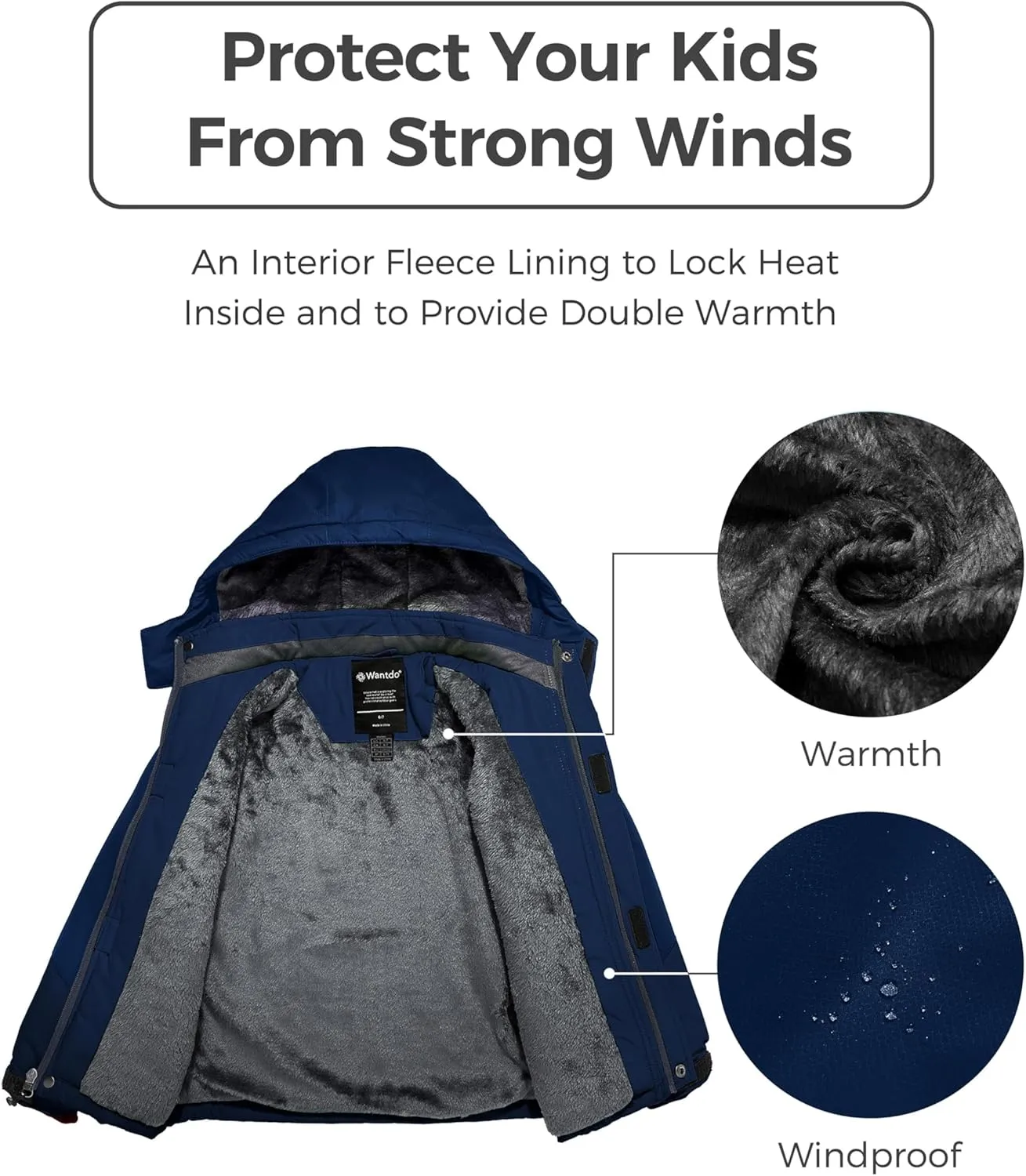 Wantdo Boy's Waterproof Ski Jacket Fleece Snowboarding Jackets Warm Thick Winter Coat Hooded Raincoats