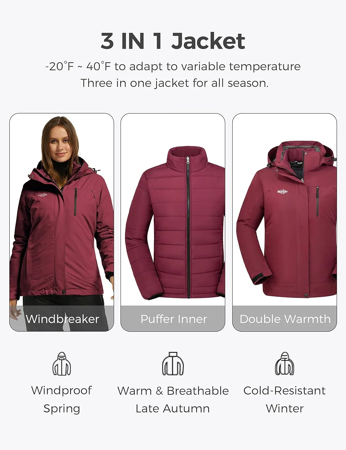 wantdo Women's 3 in 1 Waterproof Ski Jacket Windproof Winter Snow Coat Snowboarding Jackets Warm Raincoat