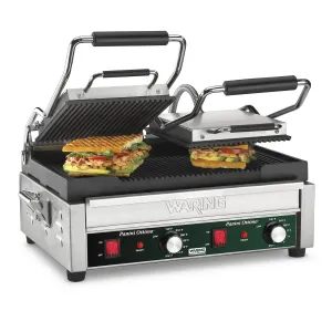 Waring Commercial WPG300 Panini Otimo Dual Ribbed Panini Grill, 240V, 3200W, 6-20 Phase Plug, Silver, 15.5 x 18.75 x 9.25 inches