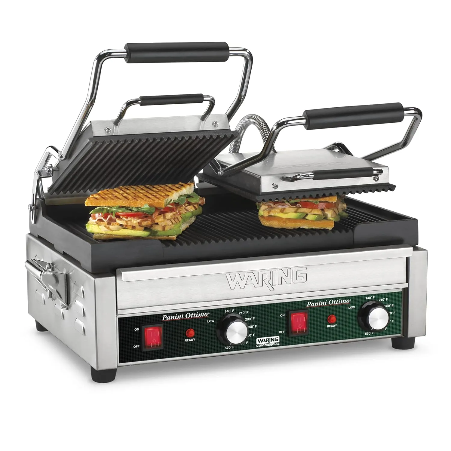 Waring Commercial WPG300 Panini Otimo Dual Ribbed Panini Grill, 240V, 3200W, 6-20 Phase Plug, Silver, 15.5 x 18.75 x 9.25 inches