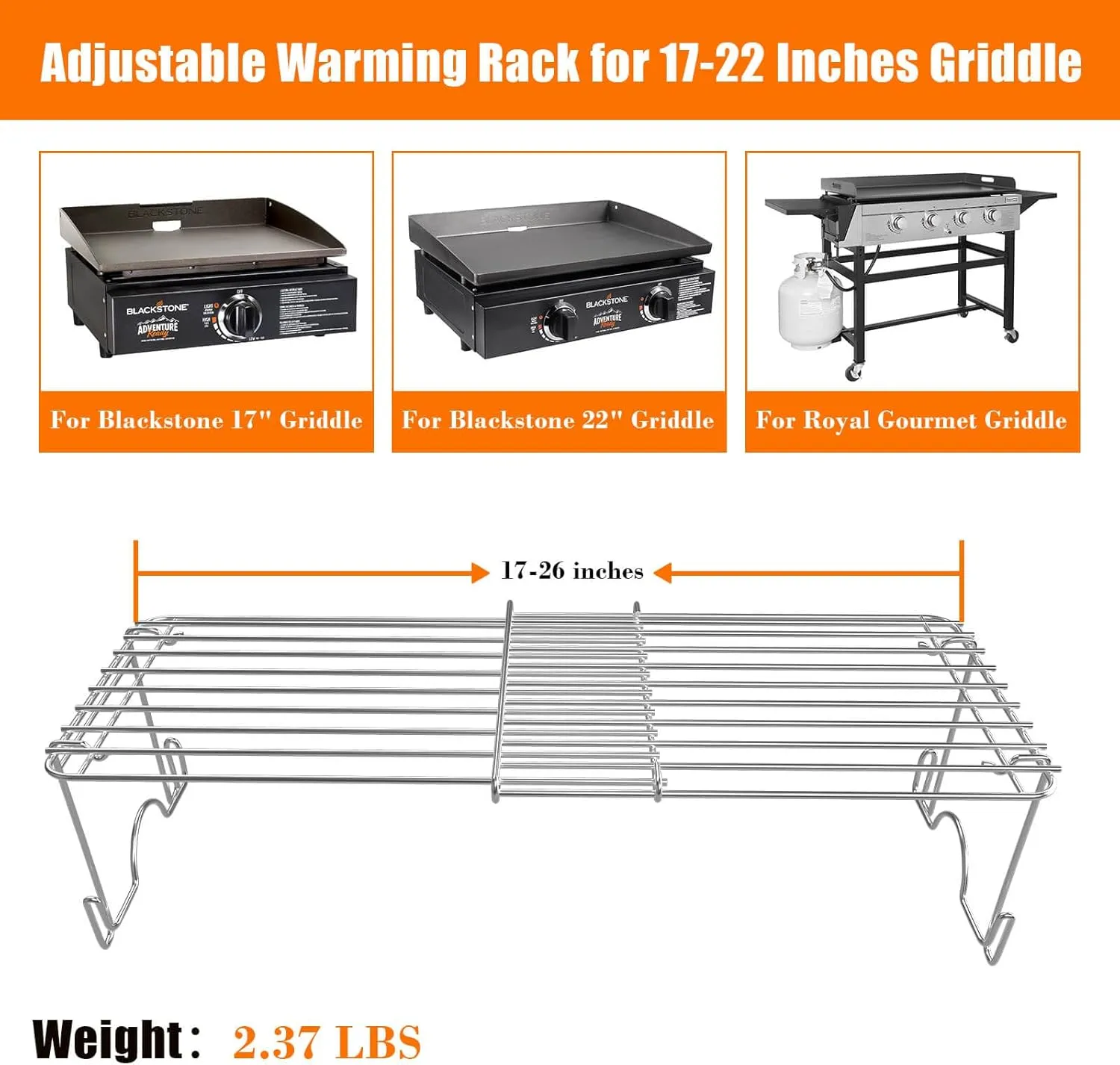 Warming Rack for Blackstone 17 & 22 inch Griddle, Foldable Blackstone Accessories, Adjustable Width 17 to 22 inches, Grill Warming Rack for Pit Boss and Royal Gourmet, Detachable, Stainless Steel