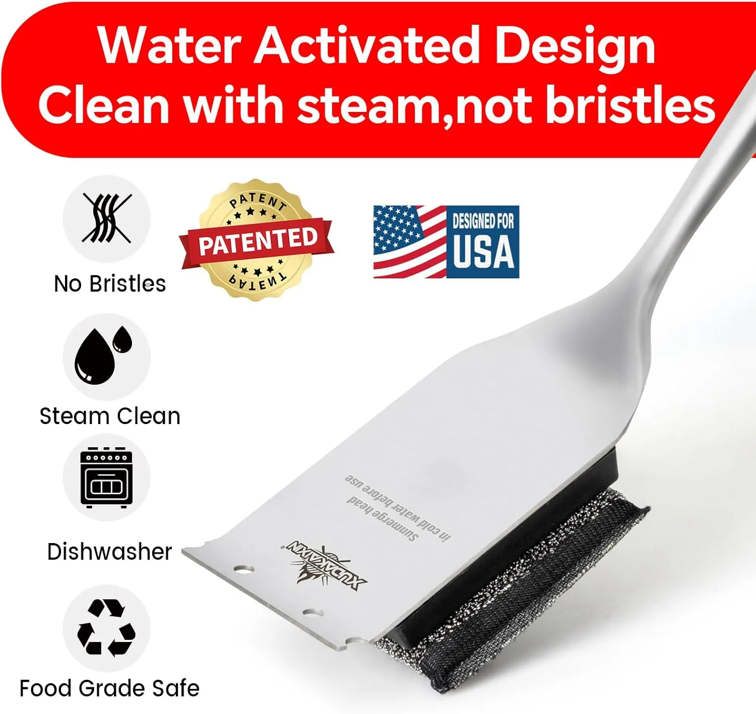 Water-Activated Steam Cleaning Grill Brush with 1 Replaceable Head,Safe Grill Accessories for Cast Iron Grates/Porcelain/Weber Gas/Charcoal Grill, Grill Brush for Outdoor Grill