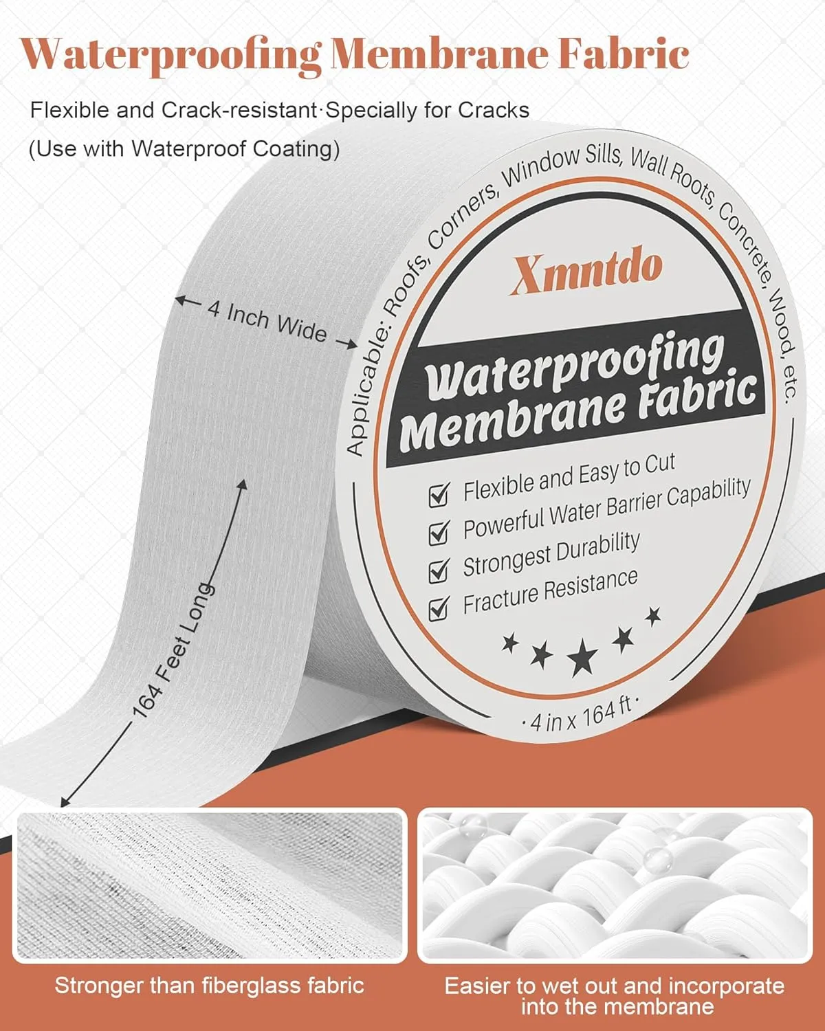 Waterproof Membrane Polyester Fabric 4 Inches x 164 Feet, Anti Fracture Membrane Fabric Sheet, Non-Adhesive - Fixing Leaks & Reinforcing Seams,Cracks,Vents,Skylights,Shower Walls, Easy to Use