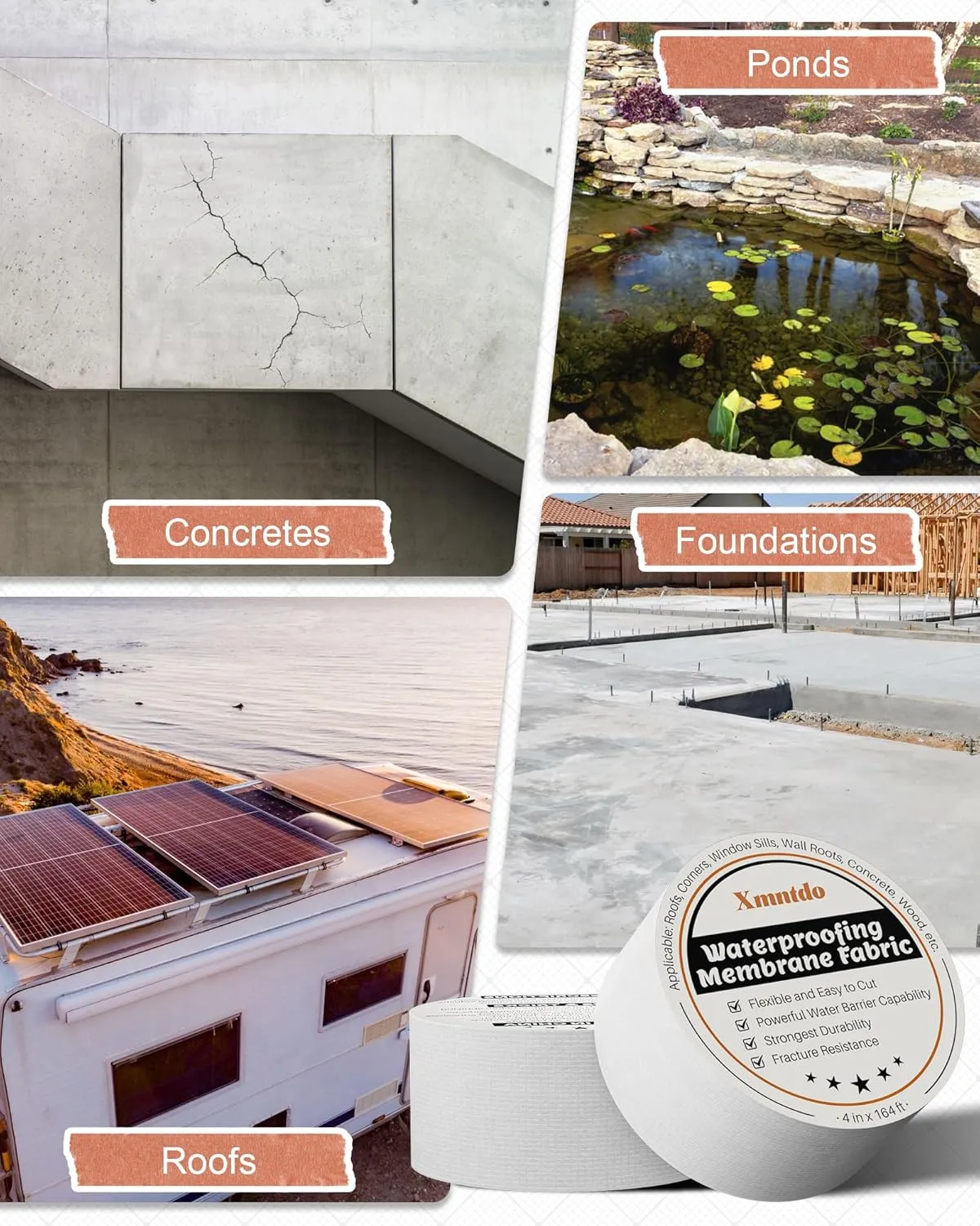 Waterproof Membrane Polyester Fabric 4 Inches x 164 Feet, Anti Fracture Membrane Fabric Sheet, Non-Adhesive - Fixing Leaks & Reinforcing Seams,Cracks,Vents,Skylights,Shower Walls, Easy to Use