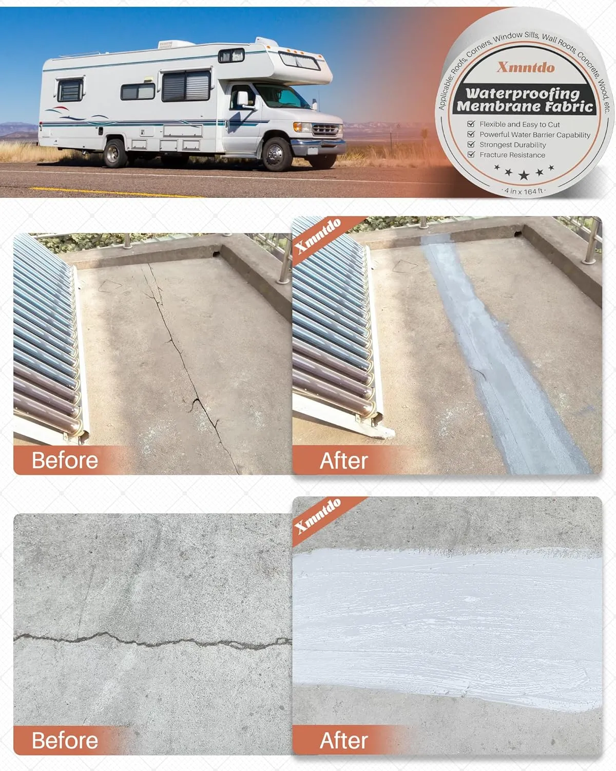 Waterproof Membrane Polyester Fabric 4 Inches x 164 Feet, Anti Fracture Membrane Fabric Sheet, Non-Adhesive - Fixing Leaks & Reinforcing Seams,Cracks,Vents,Skylights,Shower Walls, Easy to Use