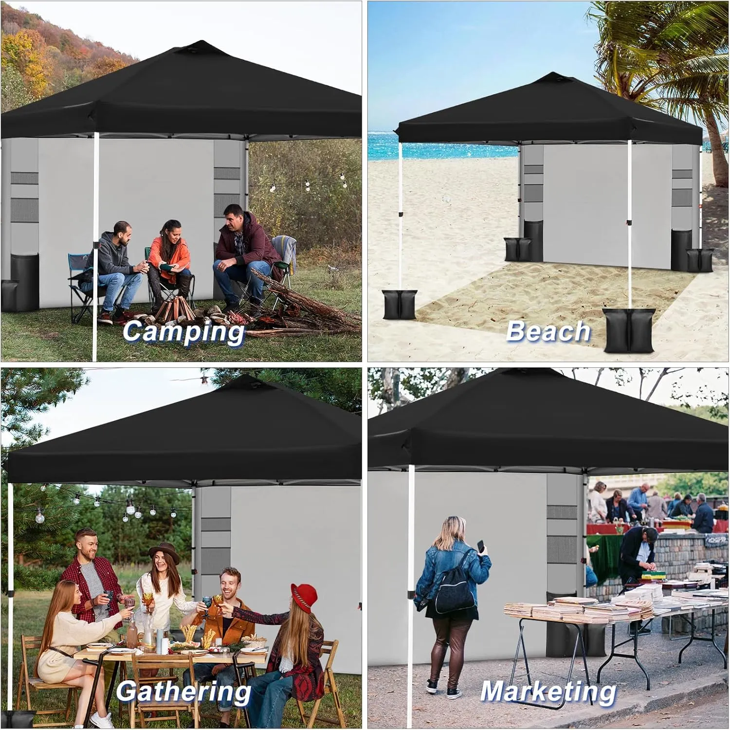 WEIZE 10x10 Pop Up Canopy Tent,One-Button Push Setup,Pop Up Tent with 1 Sidewall and 6 Pockets,Adjustable Height Instant Portable Shelter,4 Weight Bags,Sun Shade for Events & Beach (Black)