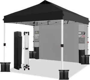 WEIZE 10x10 Pop Up Canopy Tent,One-Button Push Setup,Pop Up Tent with 1 Sidewall and 6 Pockets,Adjustable Height Instant Portable Shelter,4 Weight Bags,Sun Shade for Events & Beach (Black)