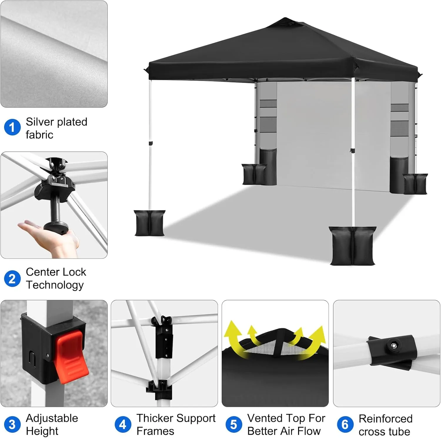 WEIZE 10x10 Pop Up Canopy Tent,One-Button Push Setup,Pop Up Tent with 1 Sidewall and 6 Pockets,Adjustable Height Instant Portable Shelter,4 Weight Bags,Sun Shade for Events & Beach (Black)
