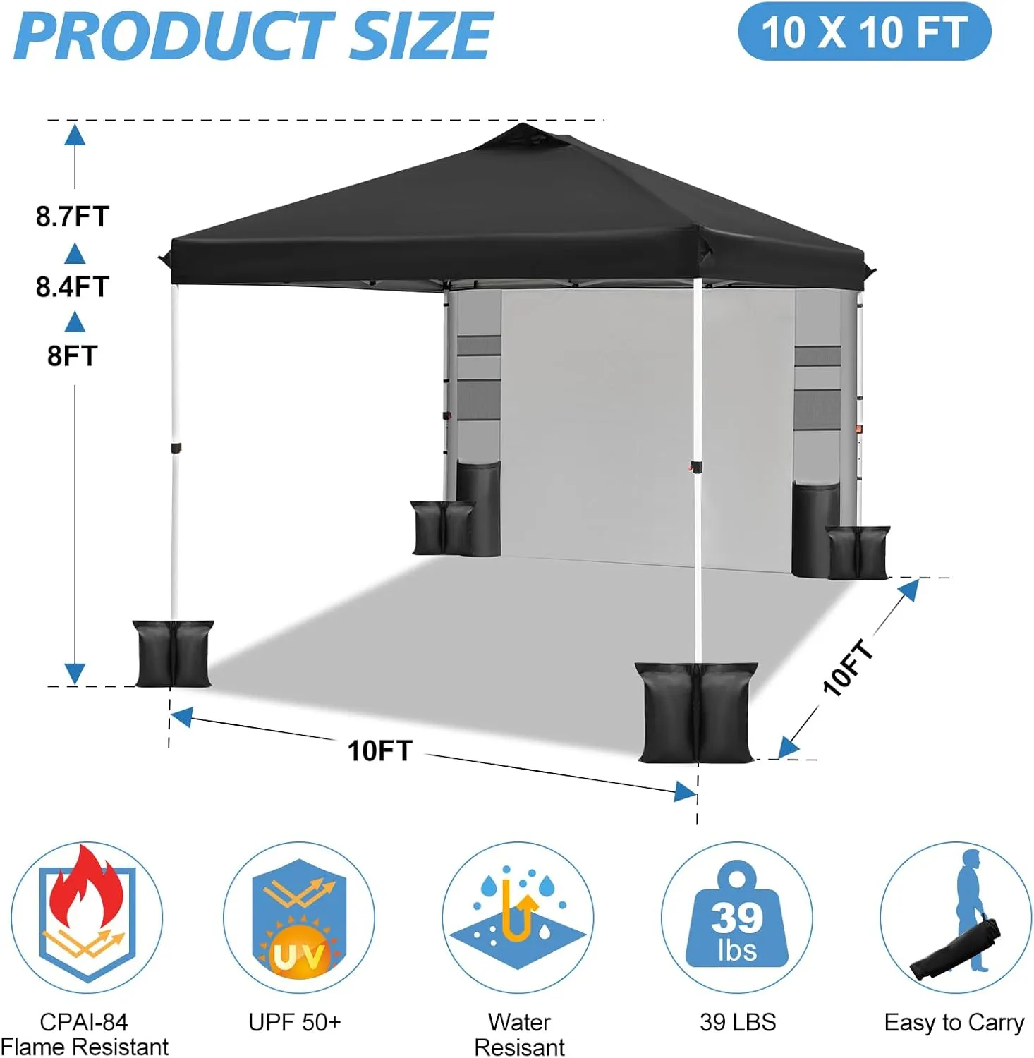 WEIZE 10x10 Pop Up Canopy Tent,One-Button Push Setup,Pop Up Tent with 1 Sidewall and 6 Pockets,Adjustable Height Instant Portable Shelter,4 Weight Bags,Sun Shade for Events & Beach (Black)