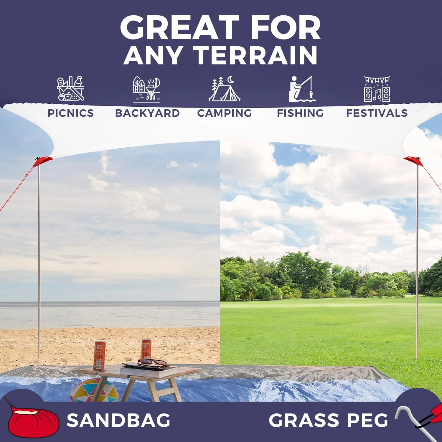 WEKAPO Beach Shade Canopy, 7x7 FT Beach Tent Sun Shelter with 4 Poles, Large Sand Shovel and Ground Pegs, UPF 50  Outdoor Shade for Camping Trips, Fishing (Navy, 7x7 FT 4 Pole)