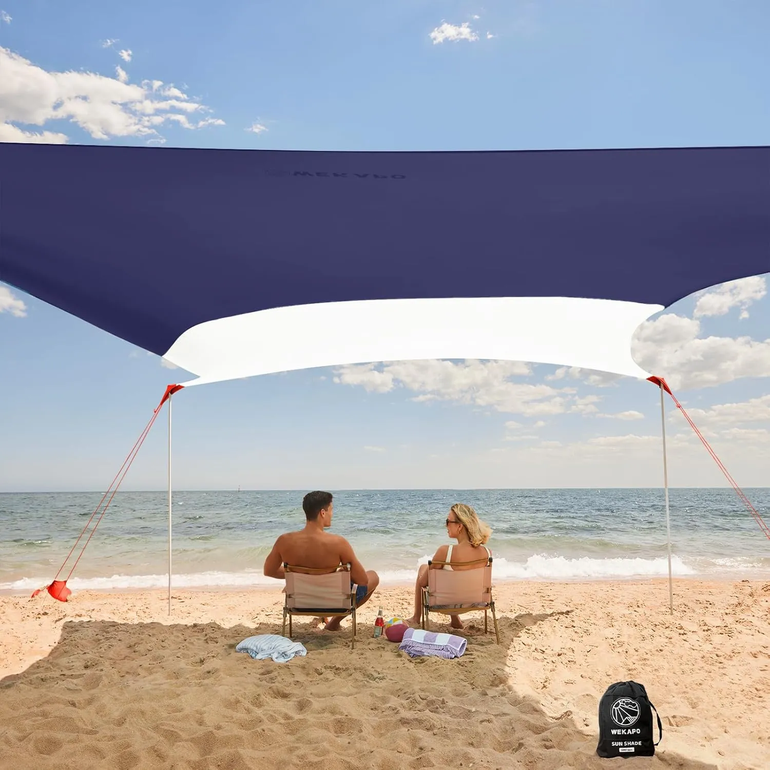 WEKAPO Beach Shade Canopy, 7x7 FT Beach Tent Sun Shelter with 4 Poles, Large Sand Shovel and Ground Pegs, UPF 50  Outdoor Shade for Camping Trips, Fishing (Navy, 7x7 FT 4 Pole)