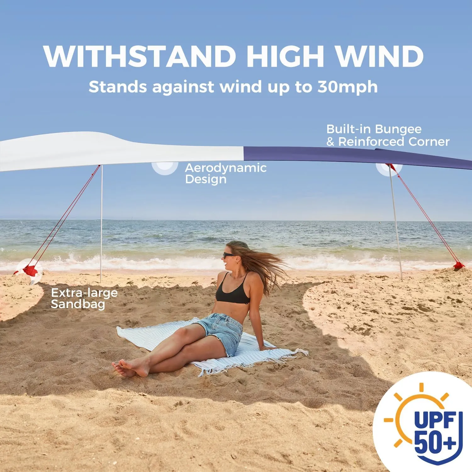 WEKAPO Beach Shade Canopy, 7x7 FT Beach Tent Sun Shelter with 4 Poles, Large Sand Shovel and Ground Pegs, UPF 50  Outdoor Shade for Camping Trips, Fishing (Navy, 7x7 FT 4 Pole)