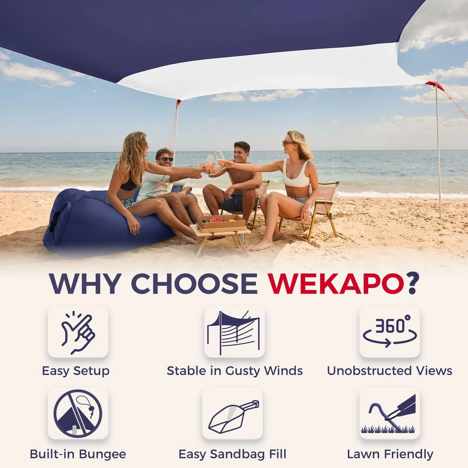 WEKAPO Beach Shade Canopy, 7x7 FT Beach Tent Sun Shelter with 4 Poles, Large Sand Shovel and Ground Pegs, UPF 50  Outdoor Shade for Camping Trips, Fishing (Navy, 7x7 FT 4 Pole)