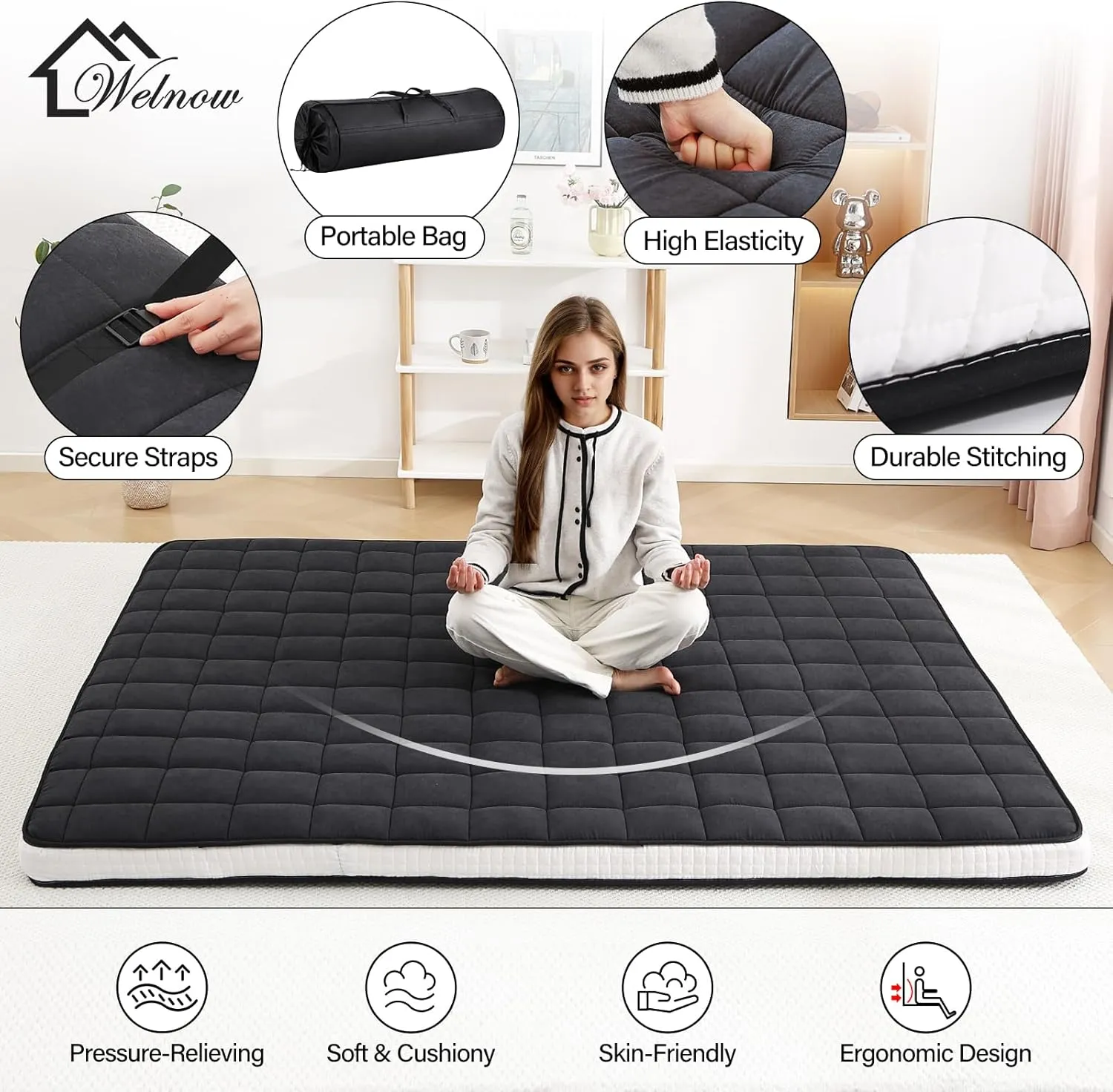 Welnow Japanese Futon Floor Mattress, Queen Size Thick Tatami Mat Portable & Foldable Roll Up Floor Bed Mattress with Storage Bag, Sleeping Pad for Adults, Dorm, Guest Bed, Camping and Travel, Black