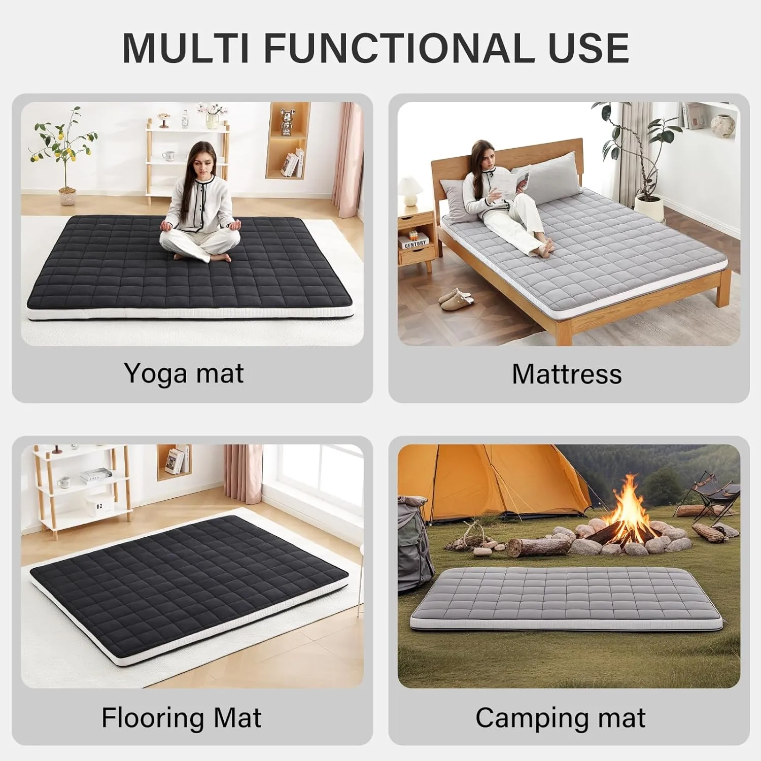 Welnow Japanese Futon Floor Mattress, Queen Size Thick Tatami Mat Portable & Foldable Roll Up Floor Bed Mattress with Storage Bag, Sleeping Pad for Adults, Dorm, Guest Bed, Camping and Travel, Black