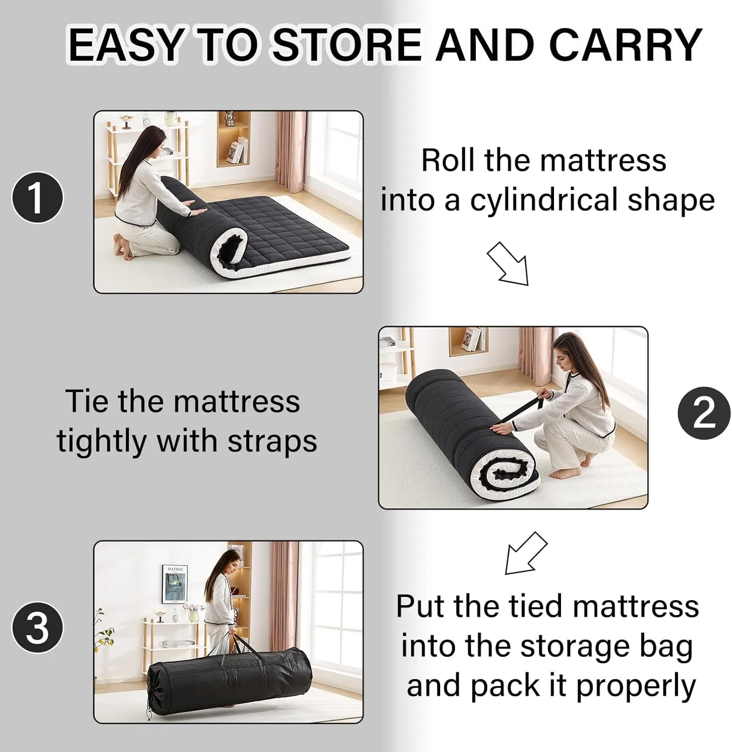 Welnow Japanese Futon Floor Mattress, Queen Size Thick Tatami Mat Portable & Foldable Roll Up Floor Bed Mattress with Storage Bag, Sleeping Pad for Adults, Dorm, Guest Bed, Camping and Travel, Black