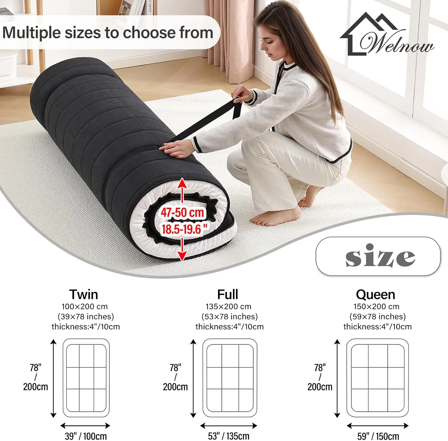 Welnow Japanese Futon Floor Mattress, Queen Size Thick Tatami Mat Portable & Foldable Roll Up Floor Bed Mattress with Storage Bag, Sleeping Pad for Adults, Dorm, Guest Bed, Camping and Travel, Black